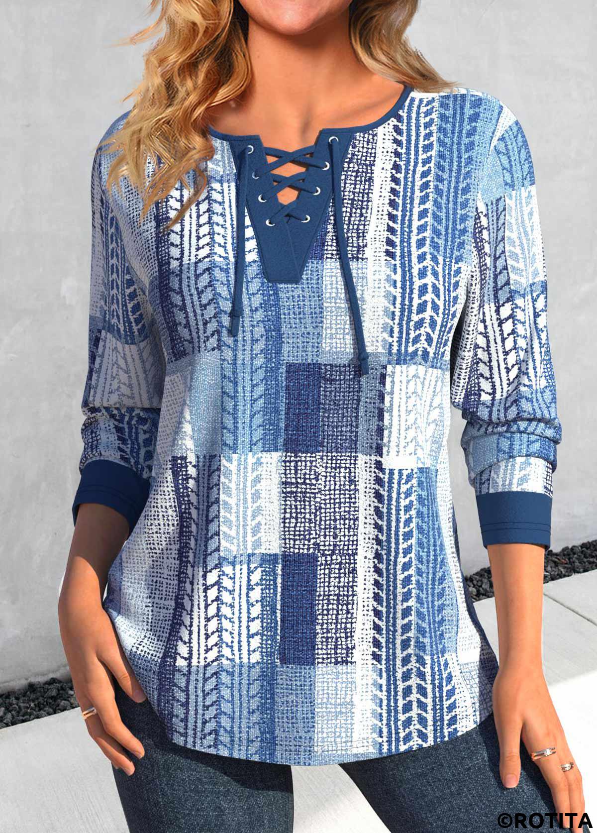 ROTITA Lace Up Geometric Print Denim Blue T Shirt