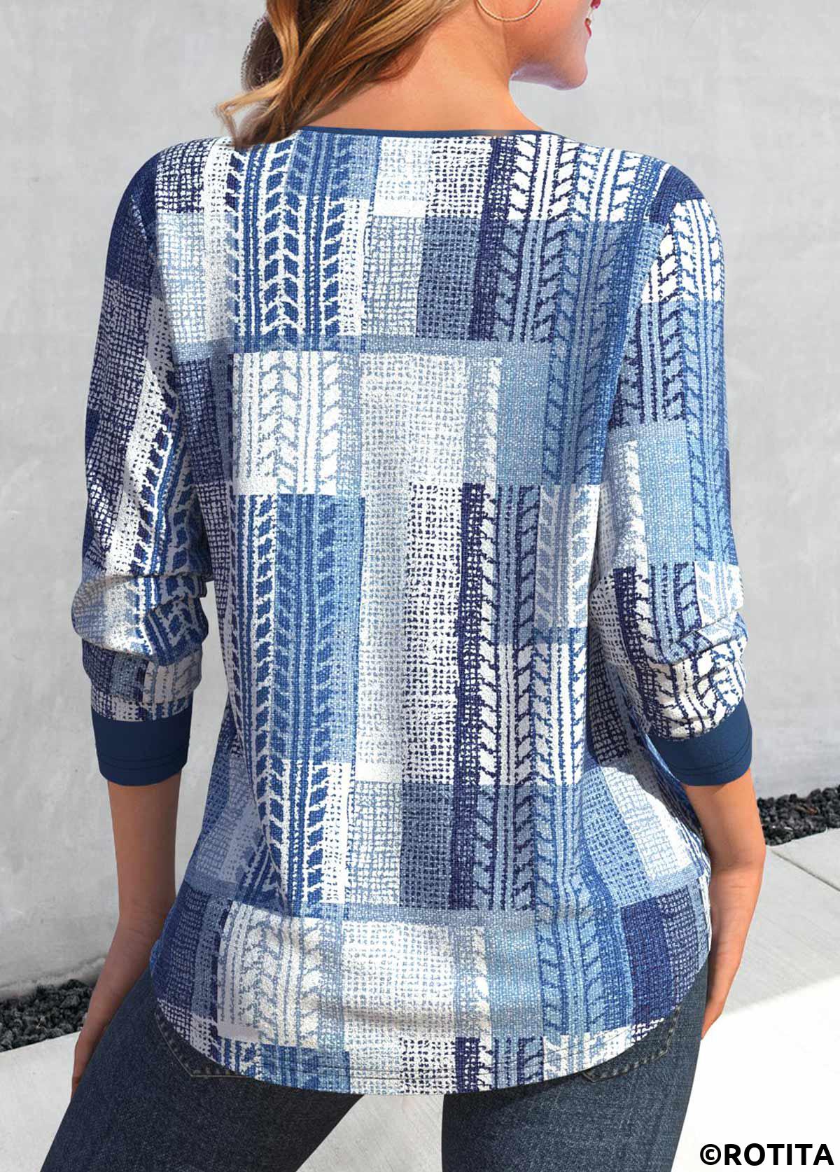 ROTITA Lace Up Geometric Print Denim Blue T Shirt