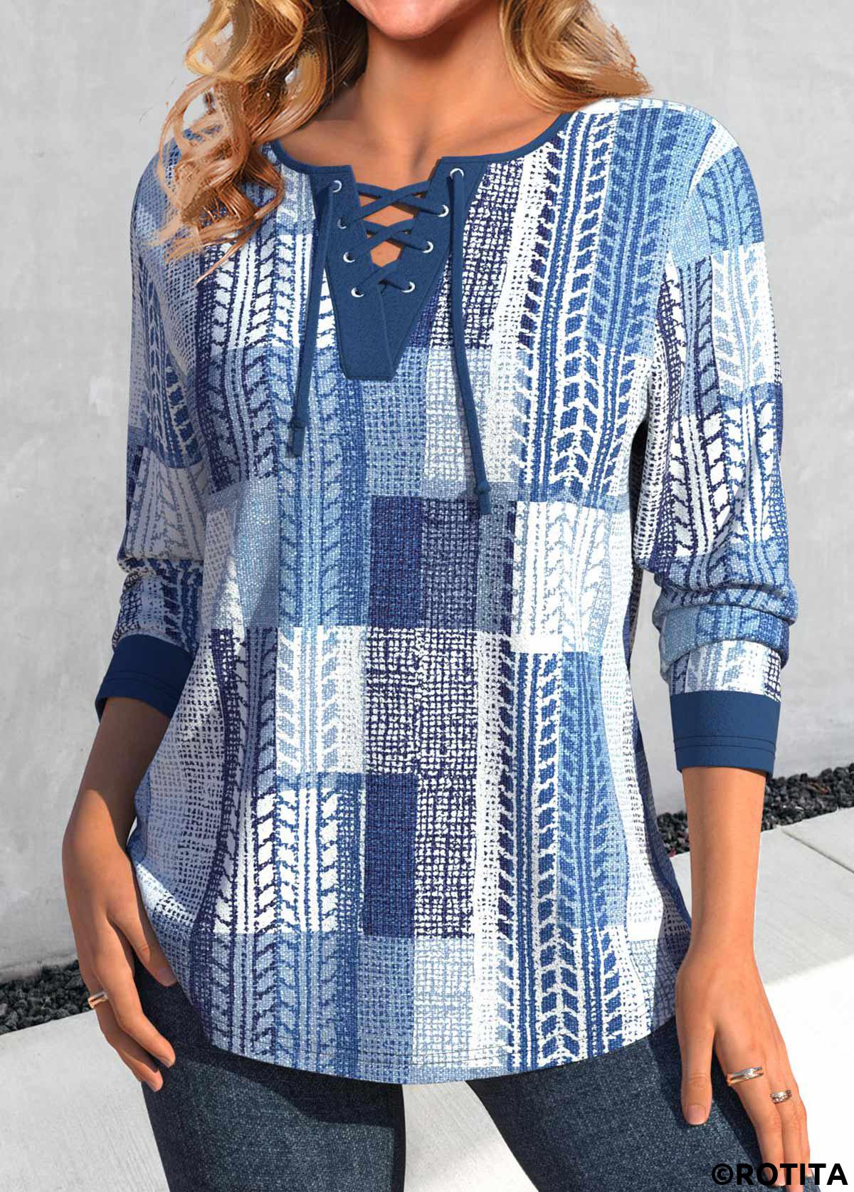 ROTITA Lace Up Geometric Print Denim Blue T Shirt