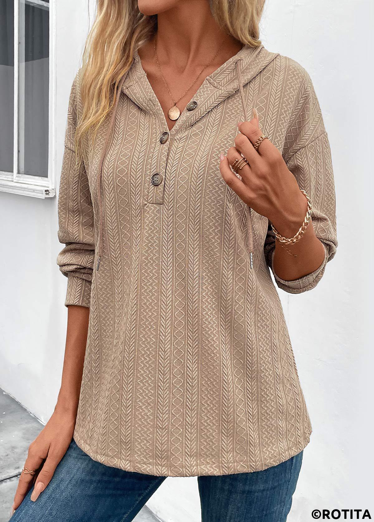 Light Camel tops,Plain Color tops,Button Light Camel Long Sleeve Hoodie