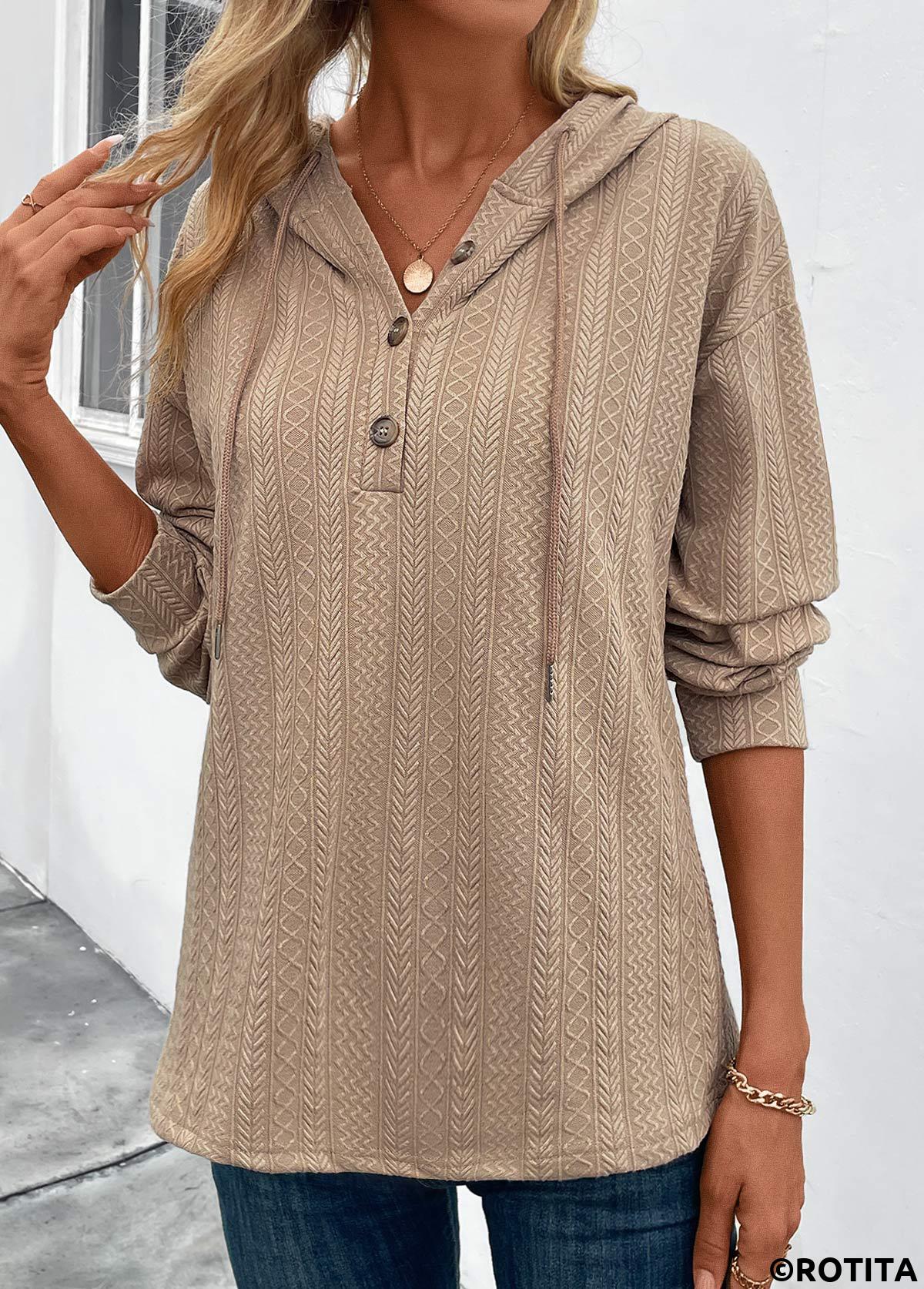 Light Camel tops,Plain Color tops,Button Light Camel Long Sleeve Hoodie