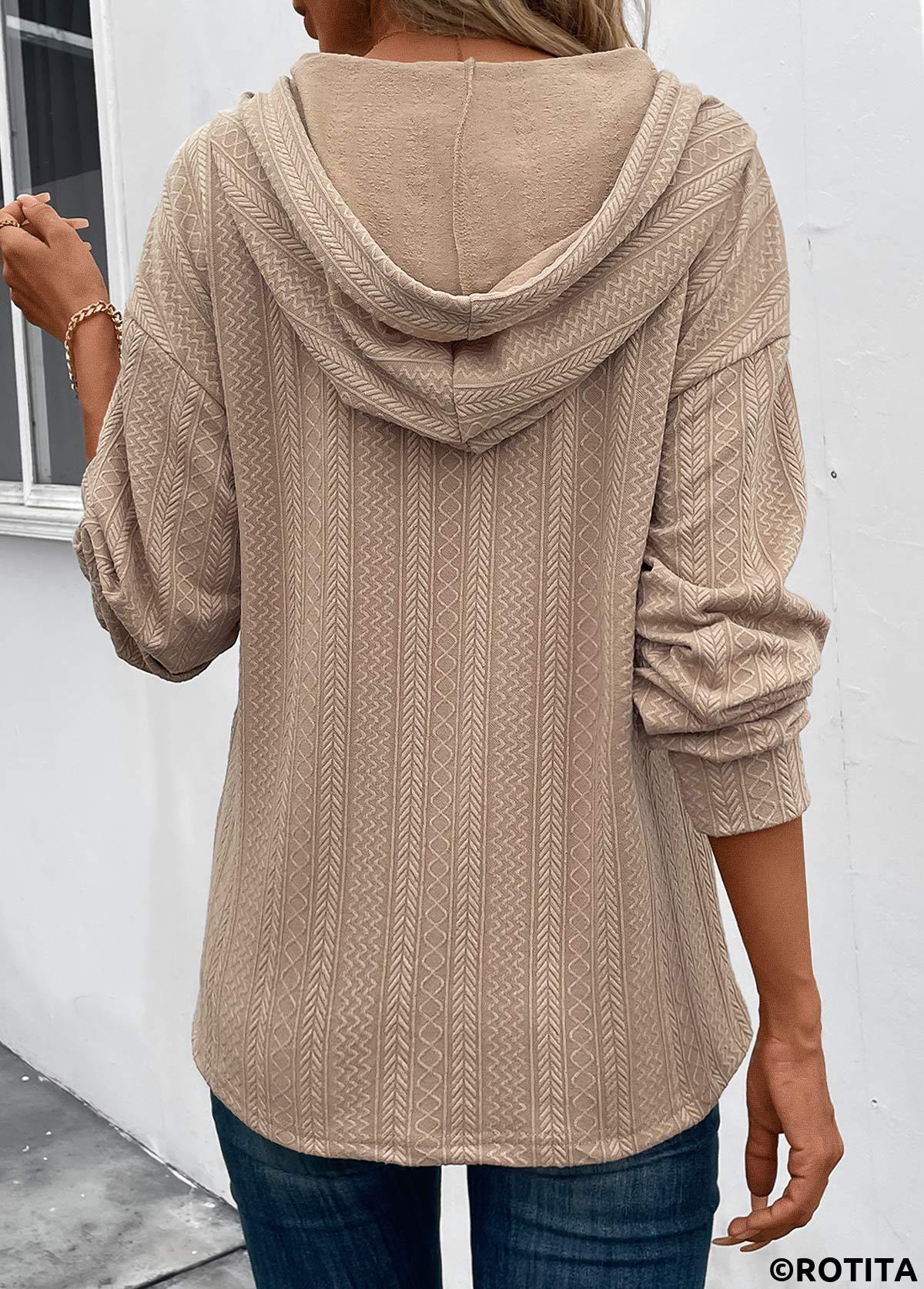 Light Camel tops,Plain Color tops,Button Light Camel Long Sleeve Hoodie