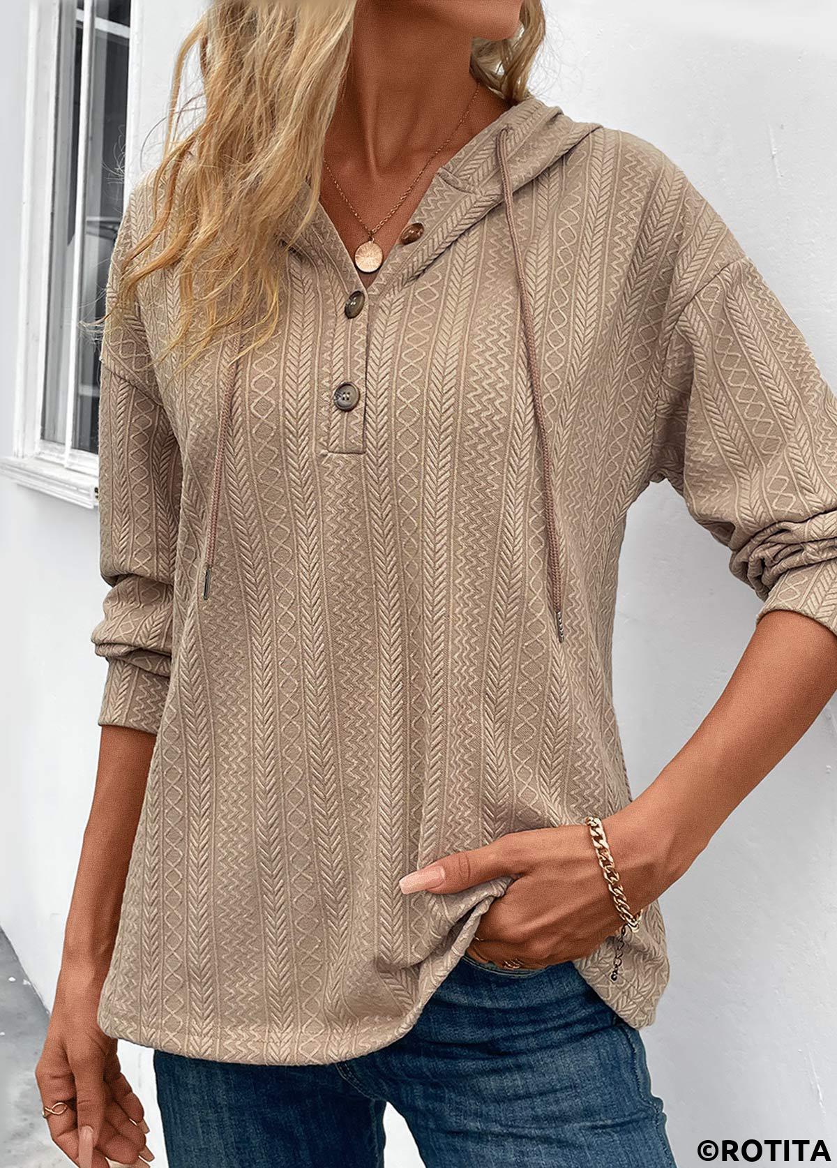 Light Camel tops,Plain Color tops,Button Light Camel Long Sleeve Hoodie