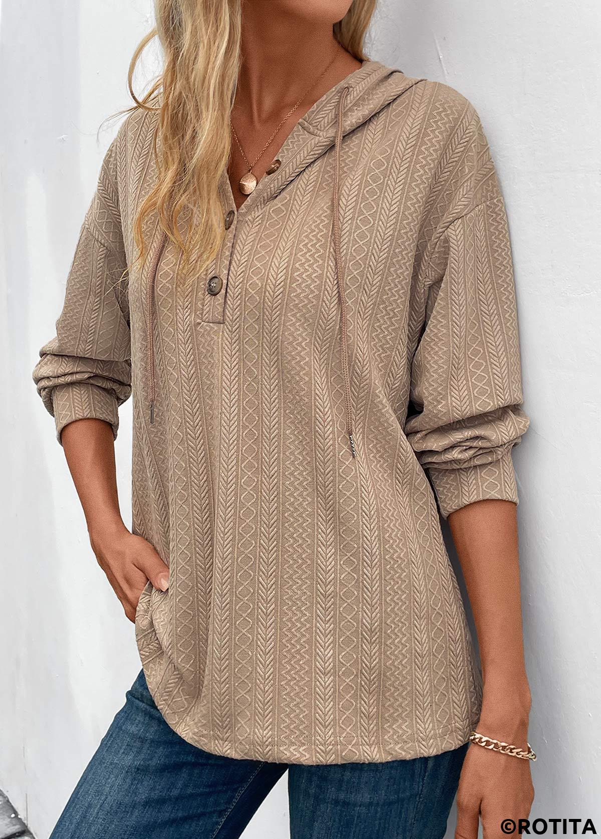 Light Camel tops,Plain Color tops,Button Light Camel Long Sleeve Hoodie