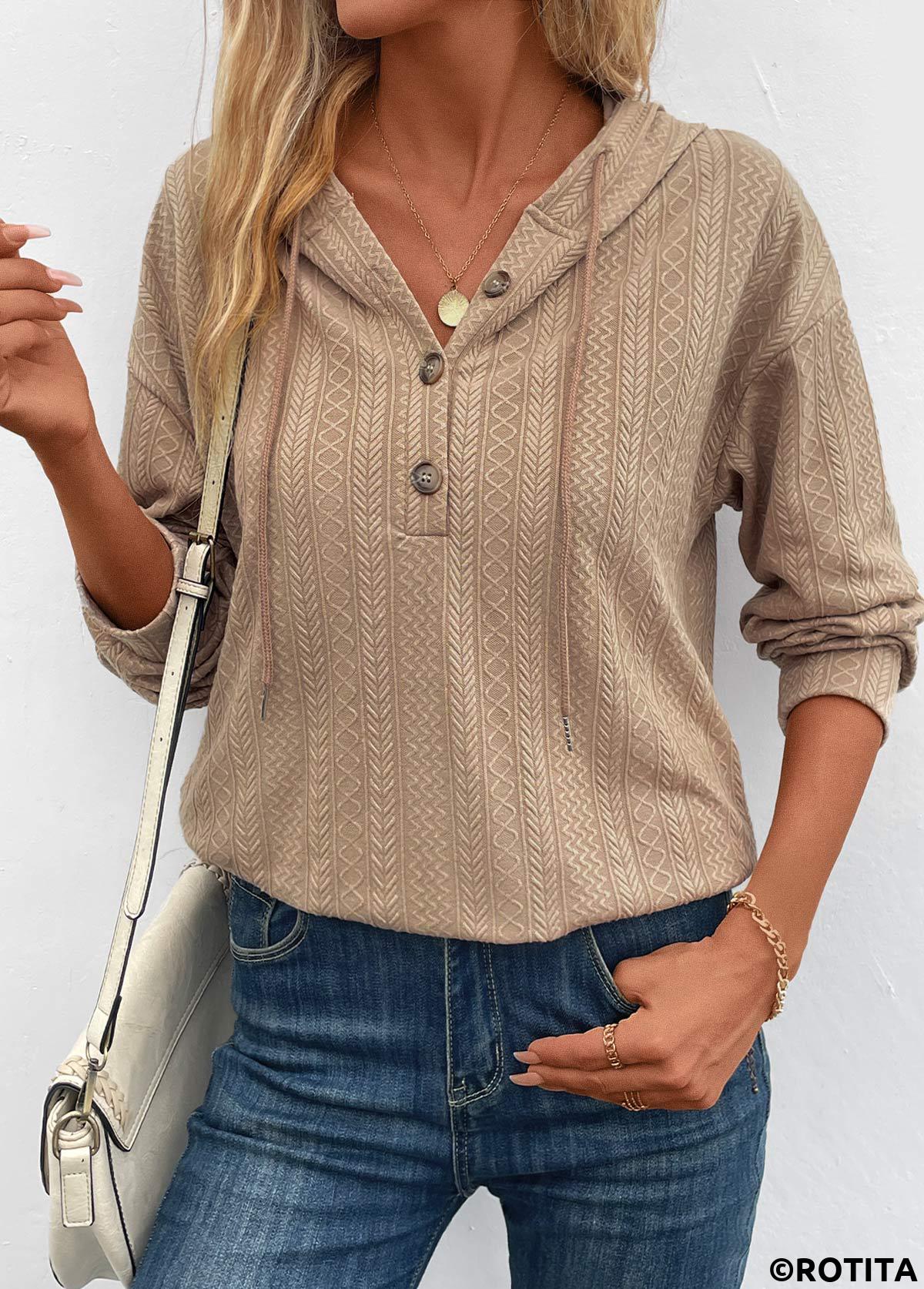 Light Camel tops,Plain Color tops,Button Light Camel Long Sleeve Hoodie