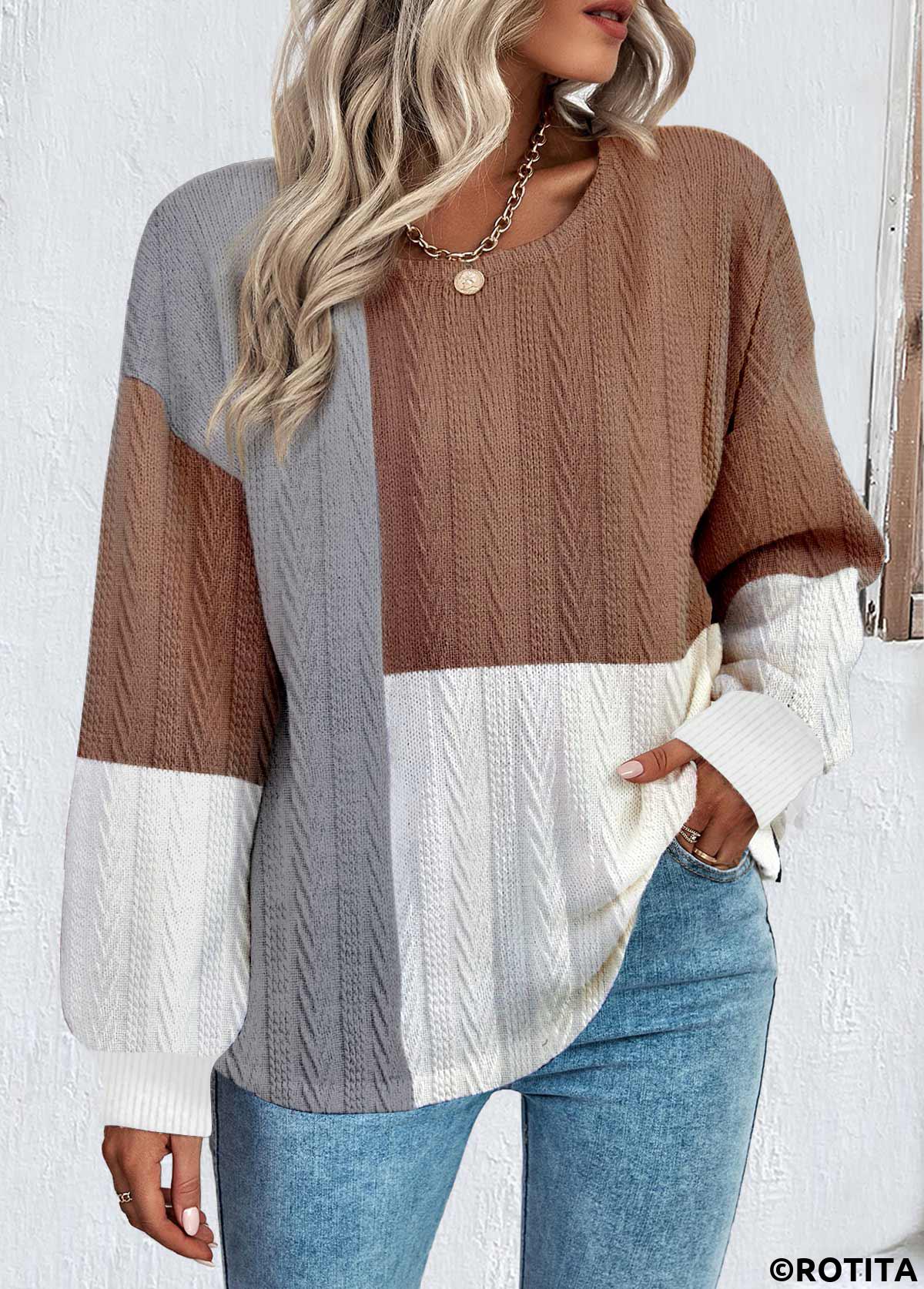 Rotita Dark Coffee Rundhals-Patchwork-Sweatshirt mit langen Ärmeln