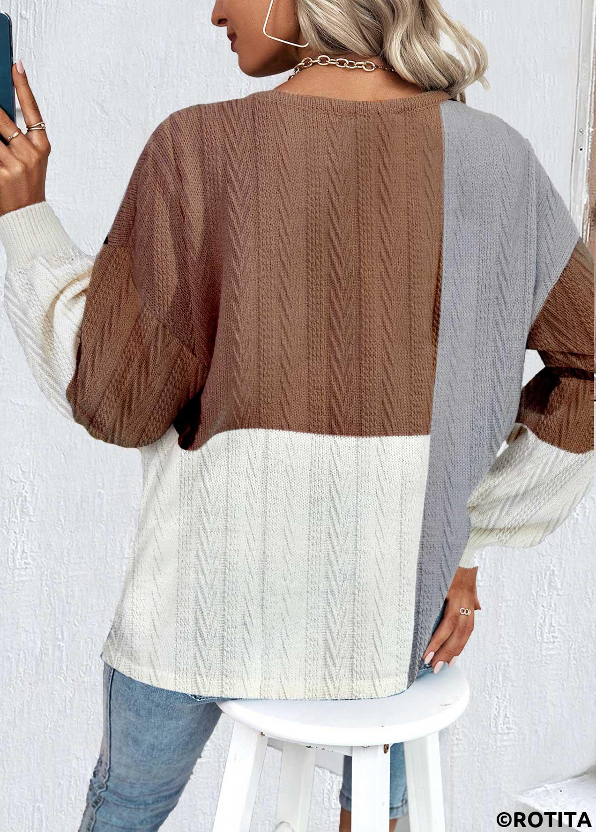 Rotita Dark Coffee Rundhals-Patchwork-Sweatshirt mit langen Ärmeln