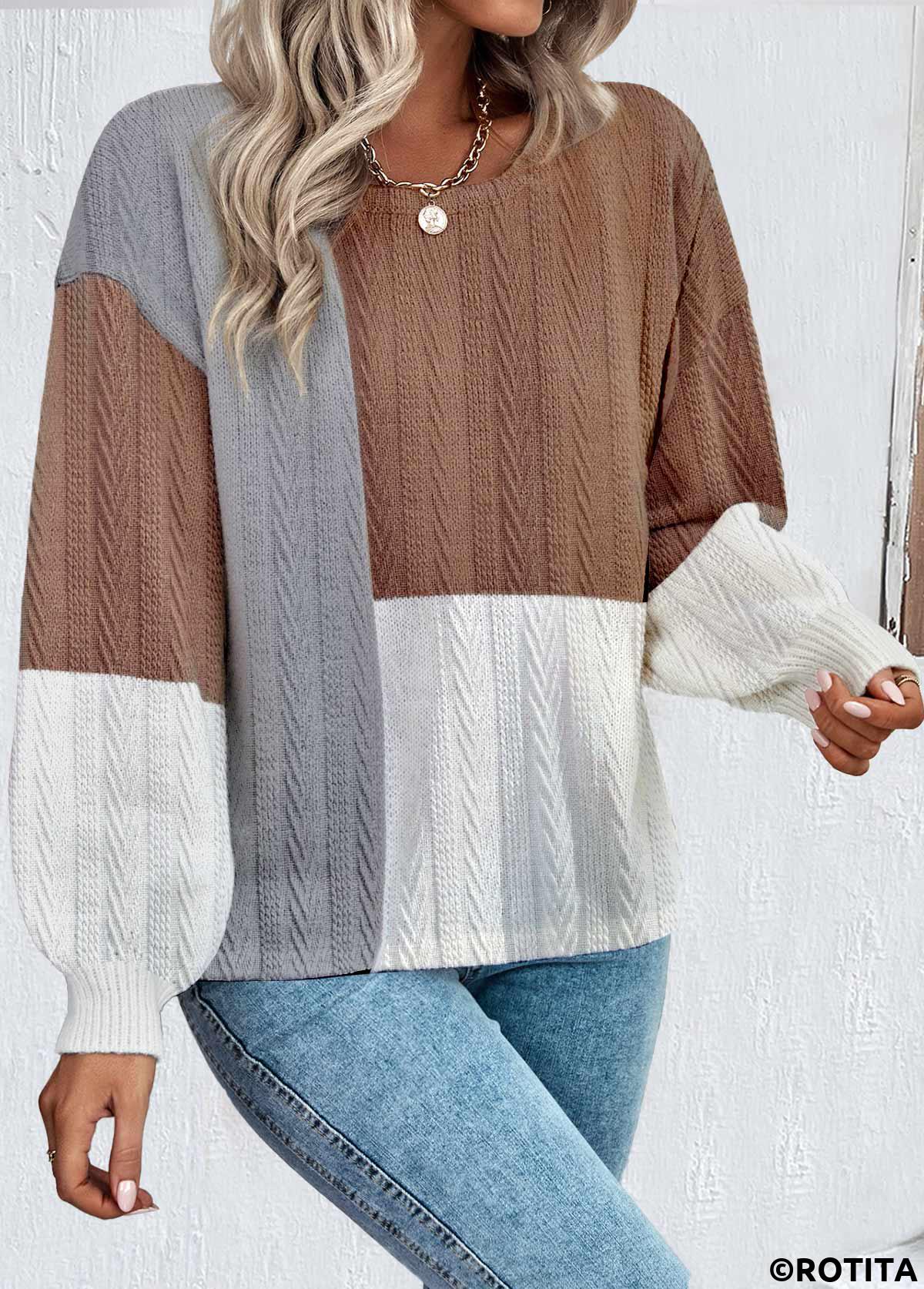 Rotita Dark Coffee Rundhals-Patchwork-Sweatshirt mit langen Ärmeln