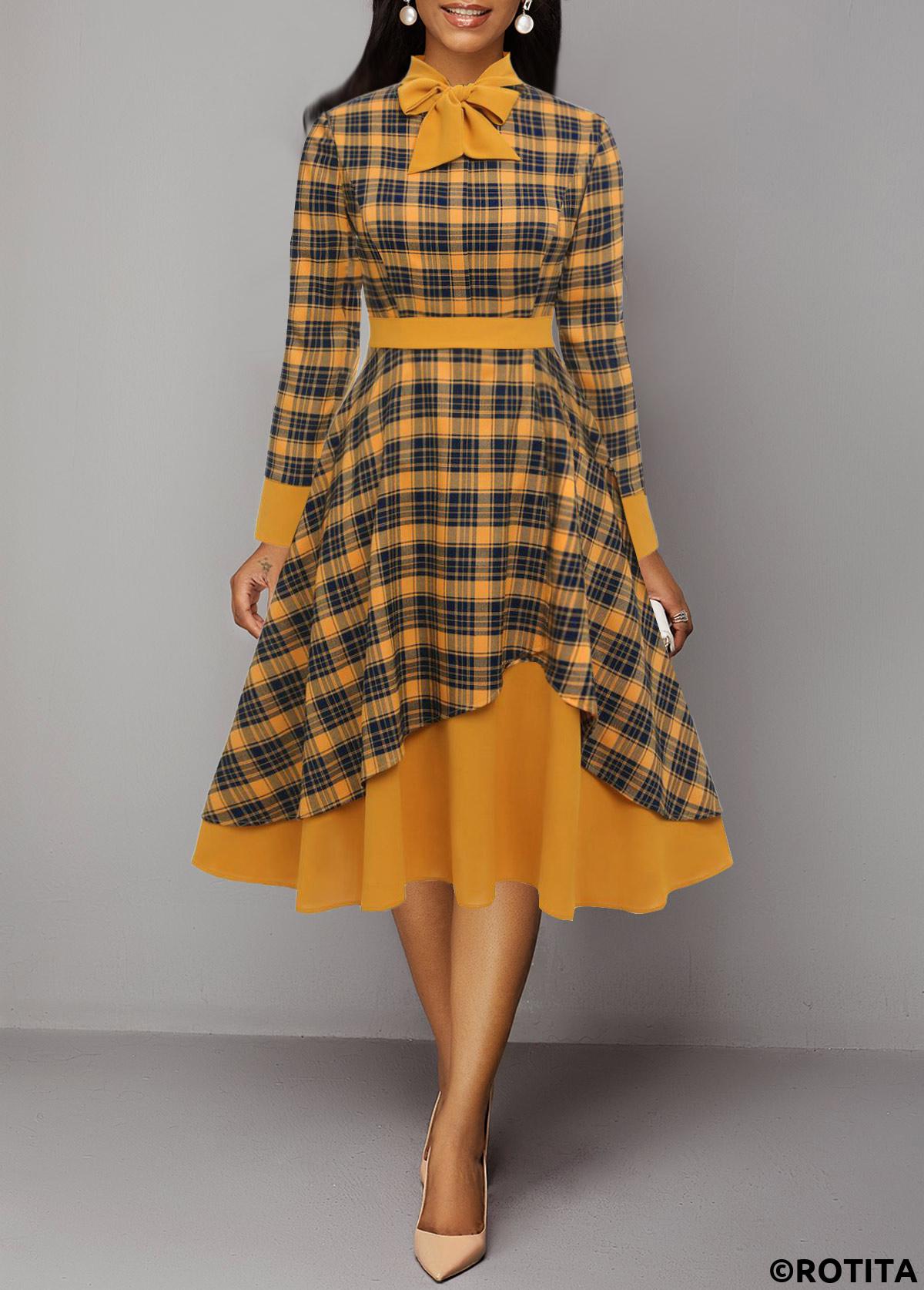 Orange dresses,Plaid dresses,Striped dresses,Party dresses,Elegant dresses,ROTITA Patchwork Plaid Orange Tie Collar Long Sleeve Dress