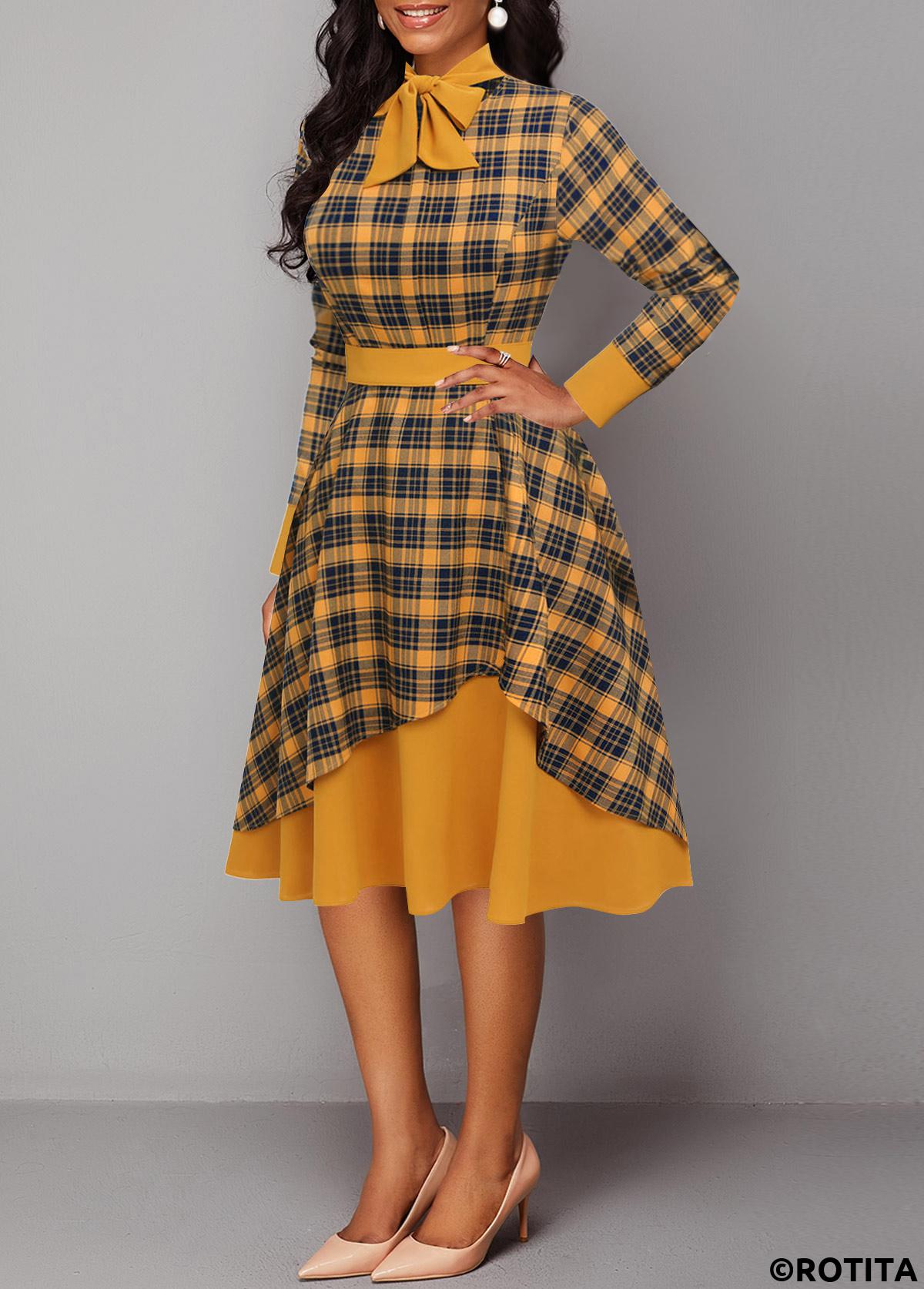 Orange dresses,Plaid dresses,Striped dresses,Party dresses,Elegant dresses,ROTITA Patchwork Plaid Orange Tie Collar Long Sleeve Dress