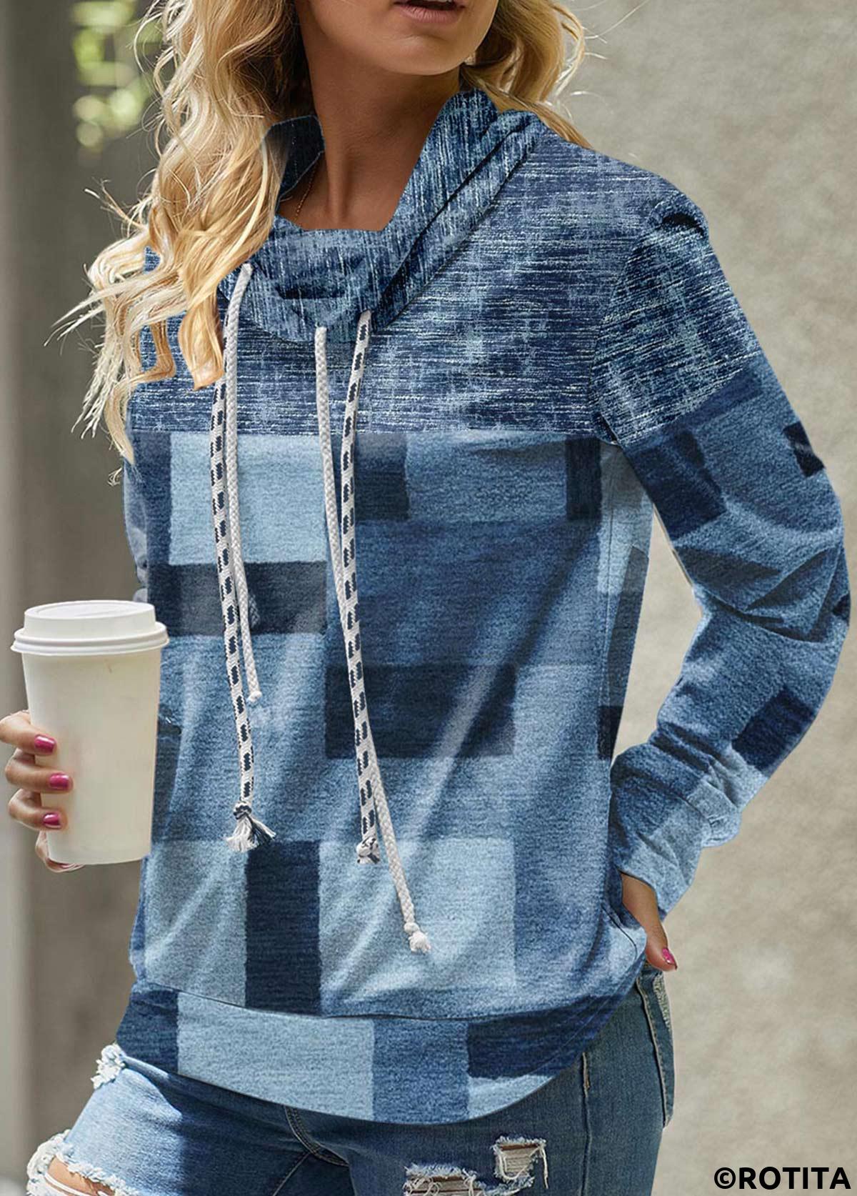 Denim Blue tops,Geometric tops,ROTITA Patchwork Geometric Print Denim Blue Cowl Neck Sweatshirt
