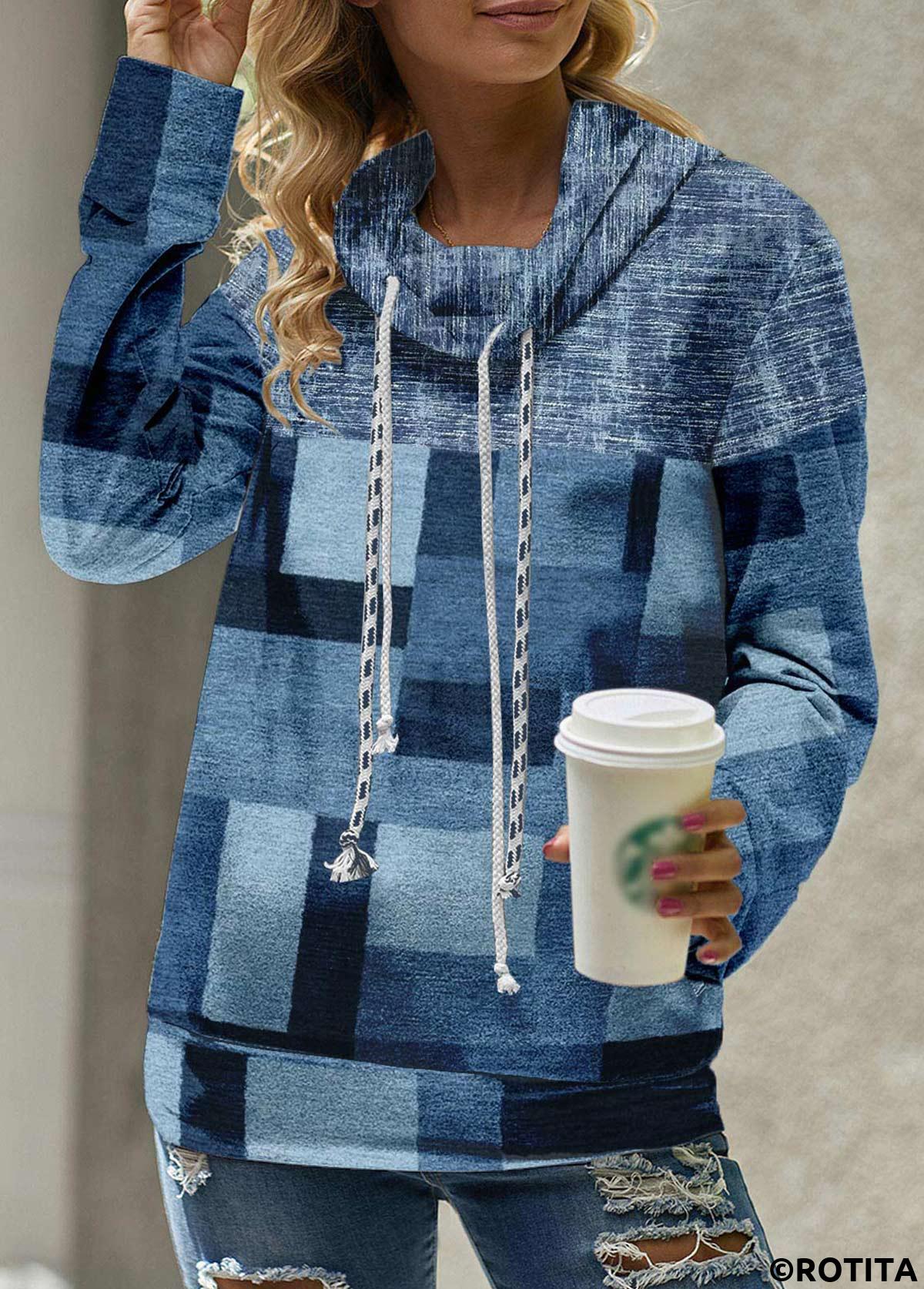 Denim Blue tops,Geometric tops,ROTITA Patchwork Geometric Print Denim Blue Cowl Neck Sweatshirt