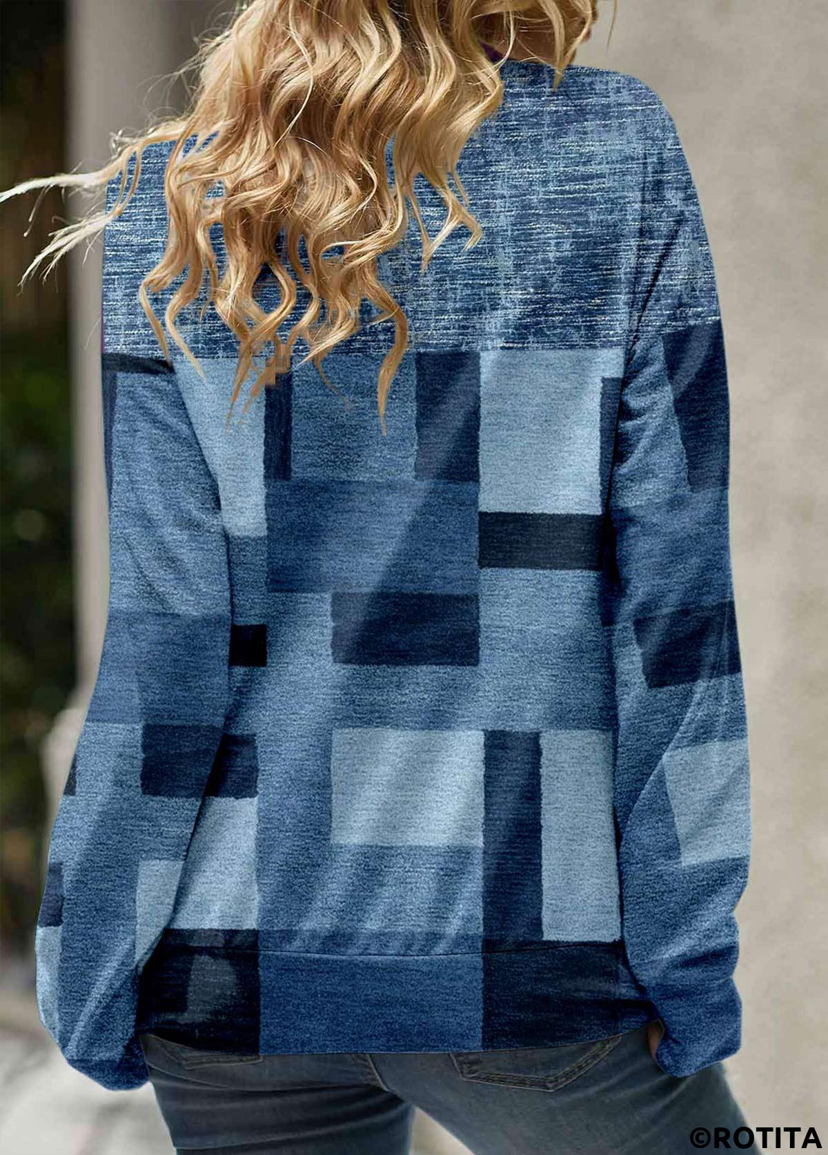 Denim Blue tops,Geometric tops,ROTITA Patchwork Geometric Print Denim Blue Cowl Neck Sweatshirt