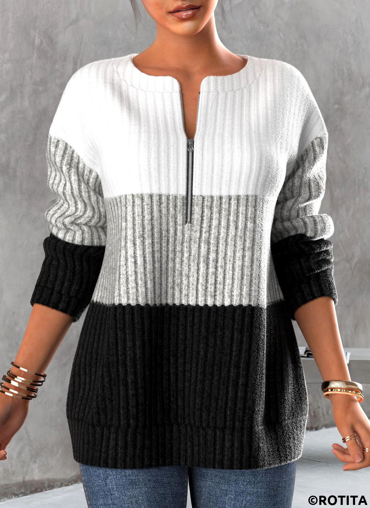 Black tops,White tops,Contrast Color tops,ROTITA Zipper Black Round Neck Long Sleeve Sweatshirt