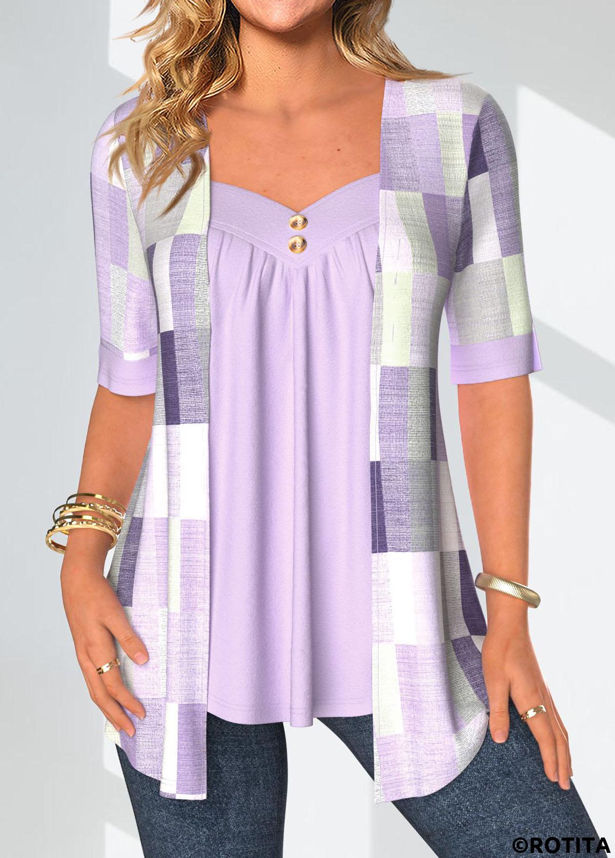 Light Purple tops,Geometric tops,Plaid tops,Striped tops,ROTITA Patchwork Geometric Print Light Purple Fake Two Piece Twinset