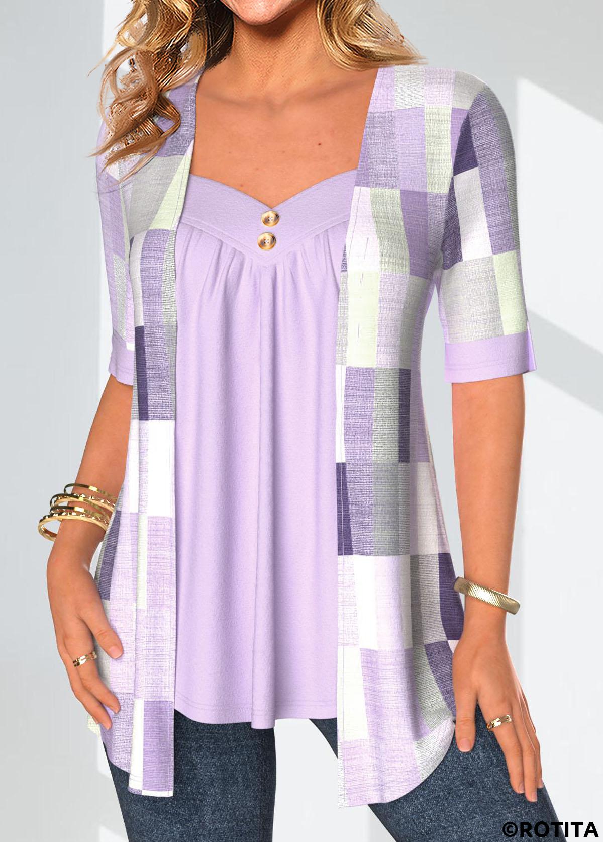 Light Purple tops,Geometric tops,Plaid tops,Striped tops,ROTITA Patchwork Geometric Print Light Purple Fake Two Piece Twinset