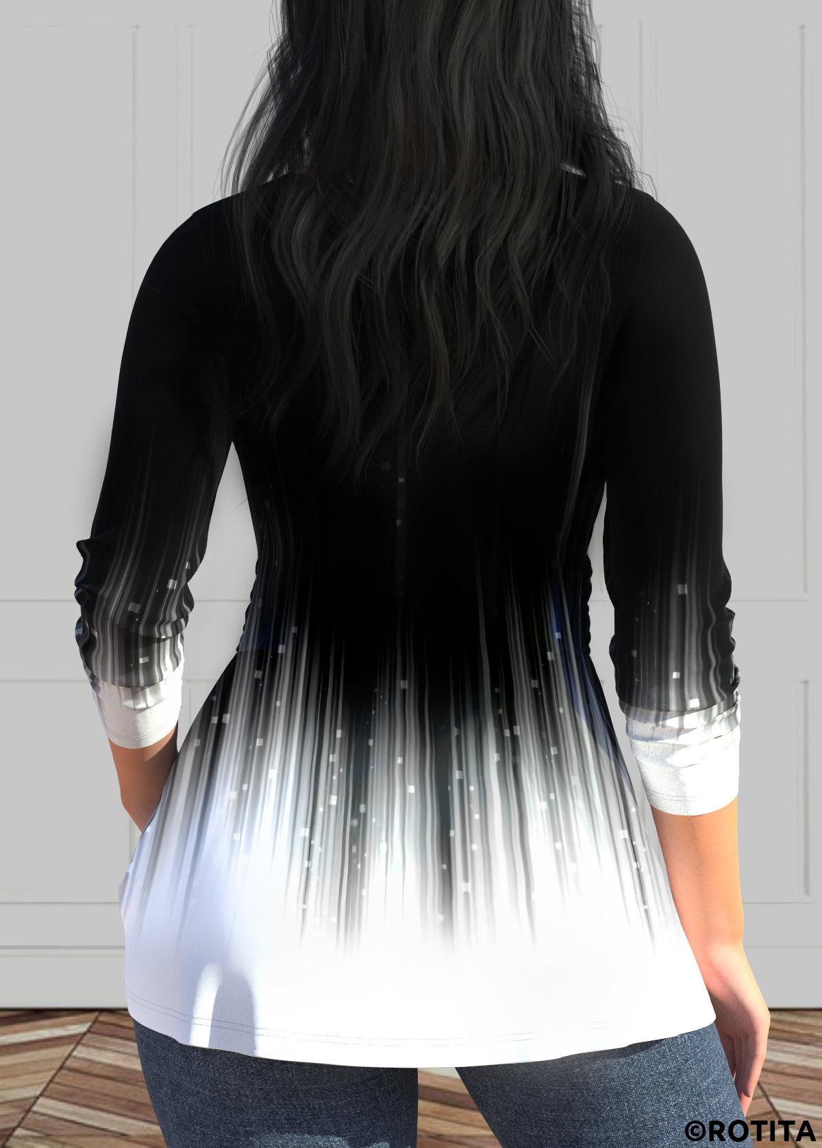 ROTITA Twist Ombre Black V Neck Long Sleeve T Shirt