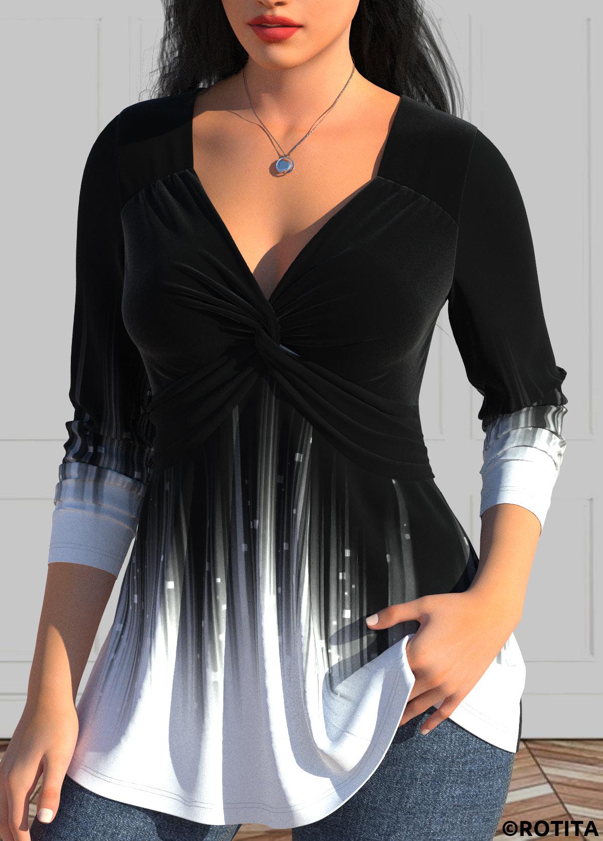 ROTITA Twist Ombre Black V Neck Long Sleeve T Shirt