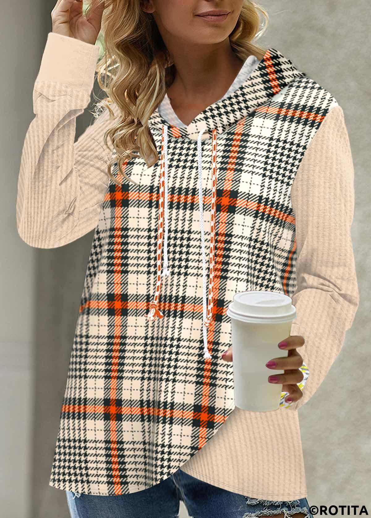 Orange tops,Plaid tops,Striped tops,ROTITA Asymmetry Plaid Orange Long Sleeve Hoodie