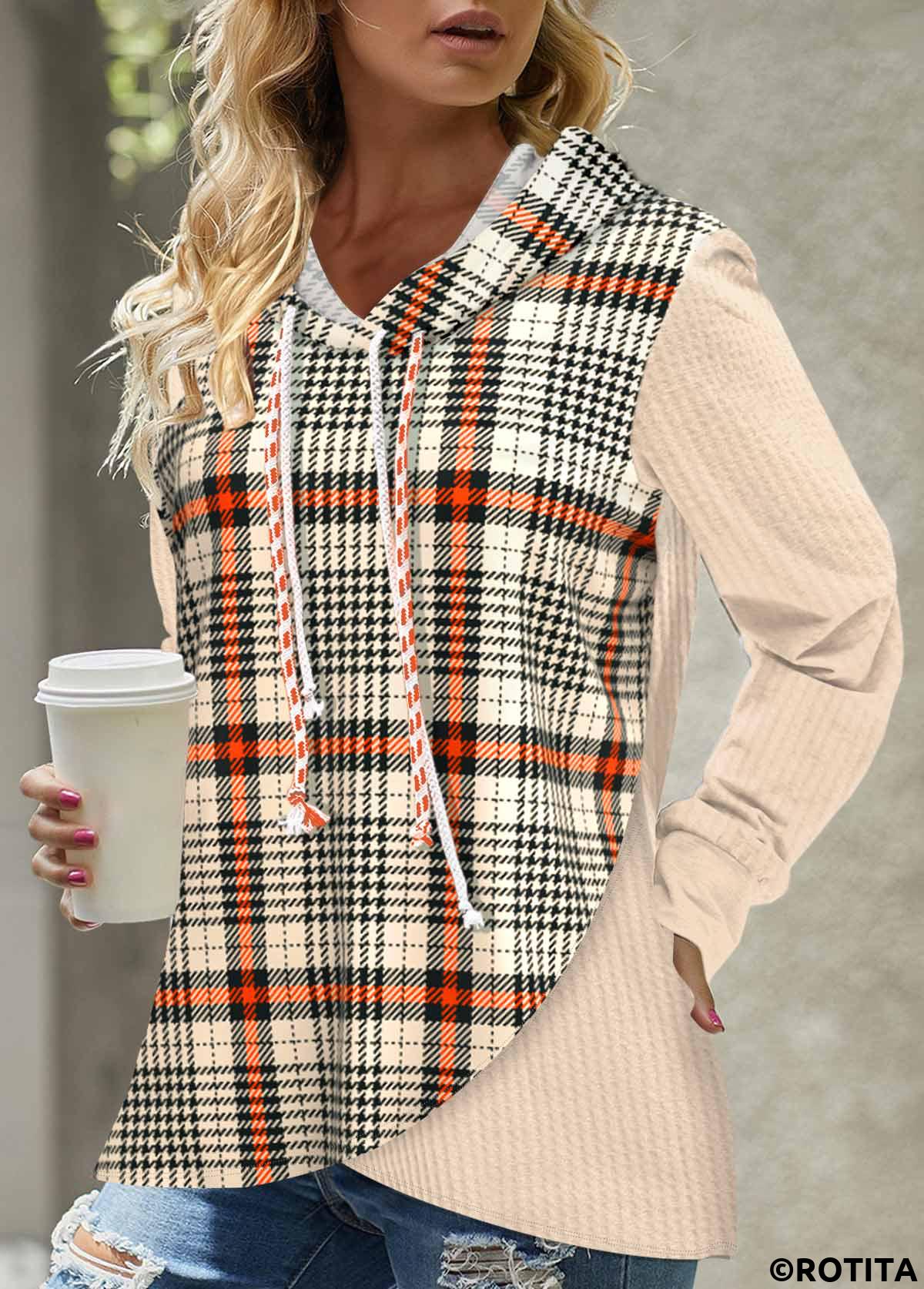 Orange tops,Plaid tops,Striped tops,ROTITA Asymmetry Plaid Orange Long Sleeve Hoodie