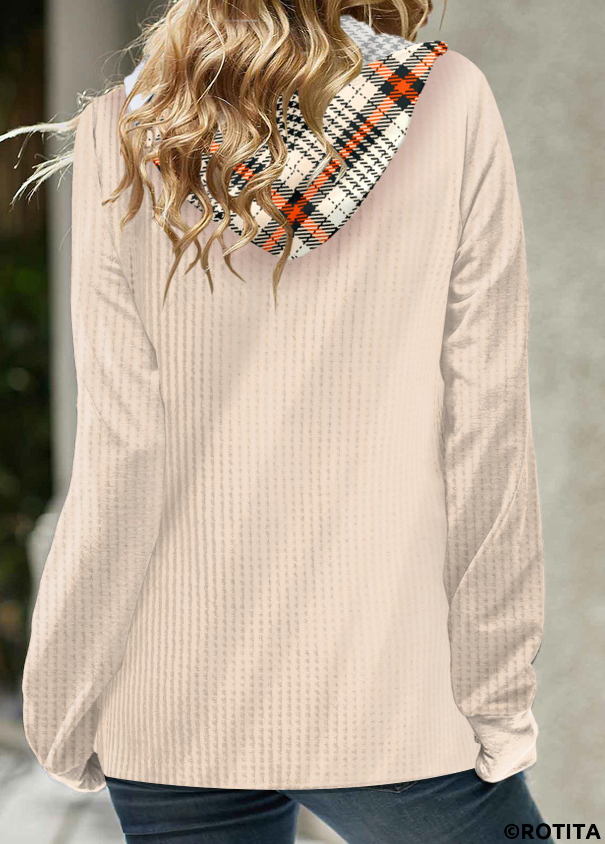 Orange tops,Plaid tops,Striped tops,ROTITA Asymmetry Plaid Orange Long Sleeve Hoodie