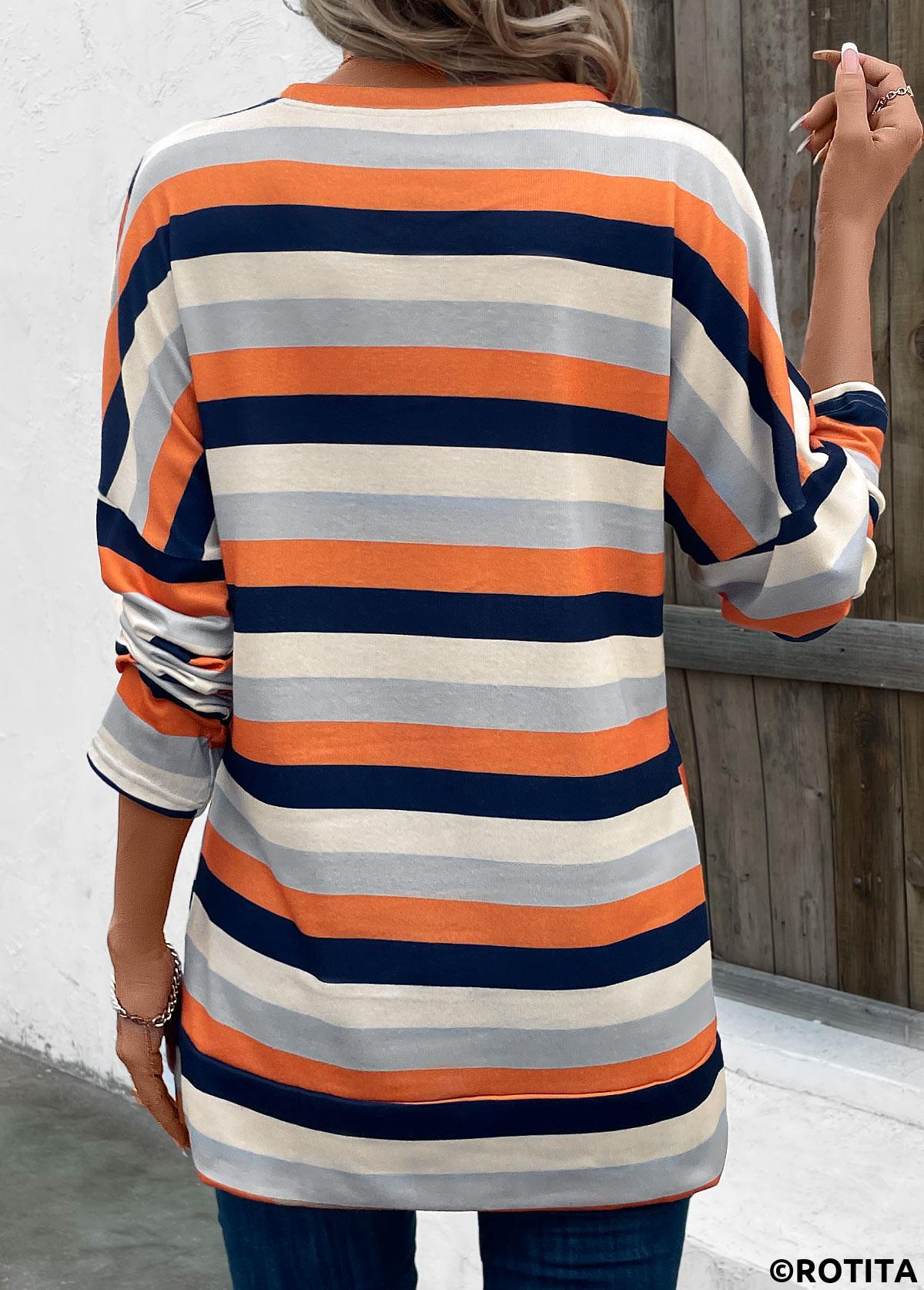 Multi Color tops,Striped tops,Patchwork Striped Multi Color Round Neck T Shirt