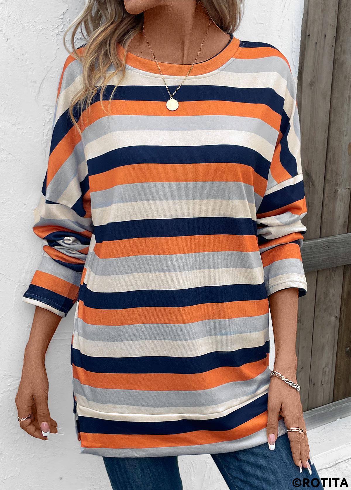 Multi Color tops,Striped tops,Patchwork Striped Multi Color Round Neck T Shirt
