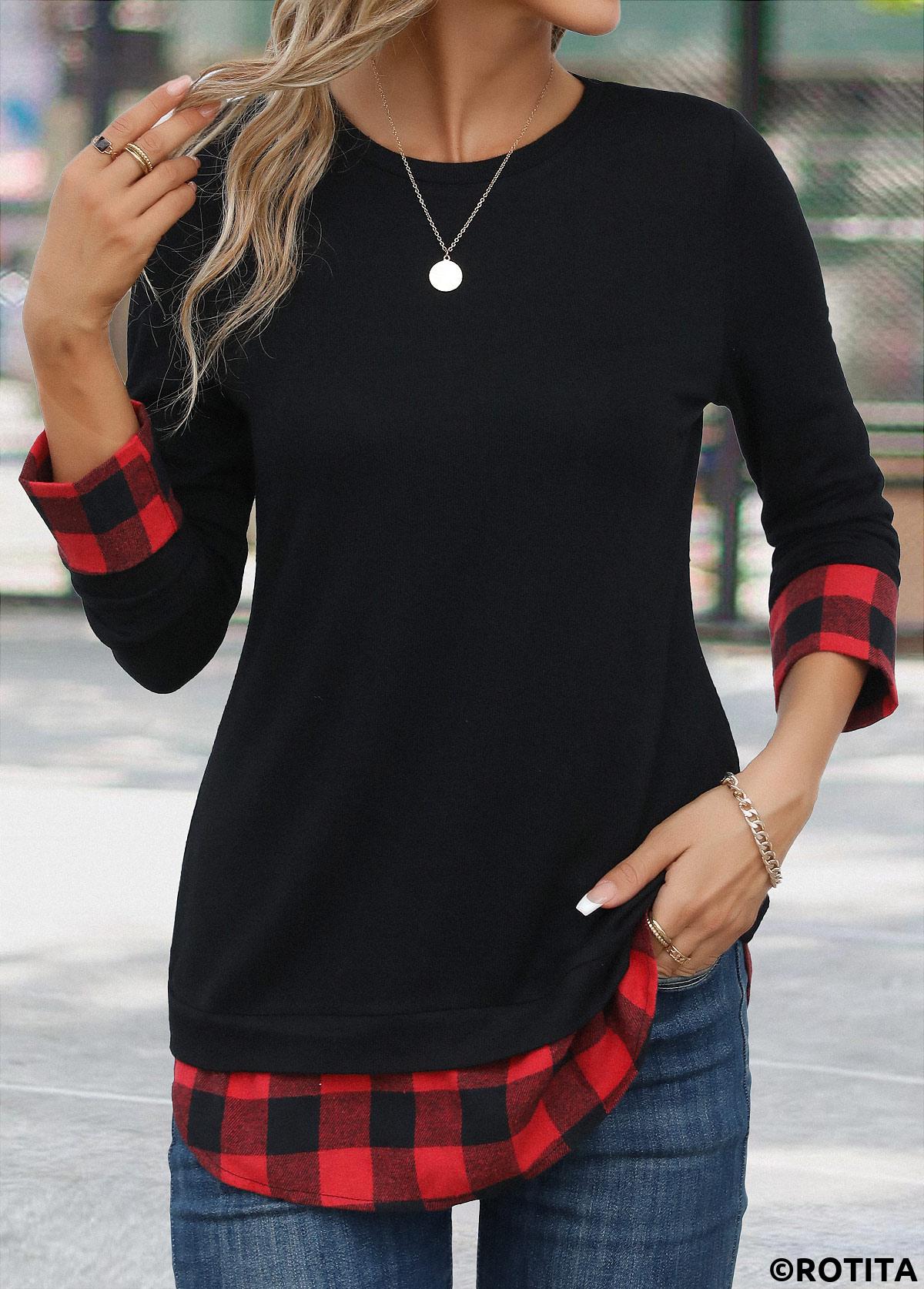 Red tops,Black tops,Plaid tops,Geometric tops,Striped tops,Christmas tops,ROTITA Patchwork Plaid Red Round Neck Long Sleeve T Shirt