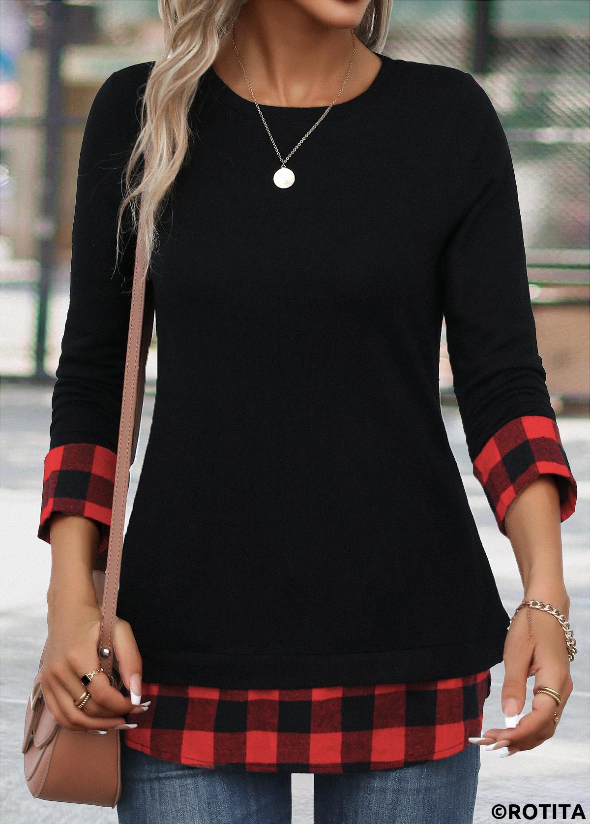 Red tops,Black tops,Plaid tops,Geometric tops,Striped tops,Christmas tops,ROTITA Patchwork Plaid Red Round Neck Long Sleeve T Shirt