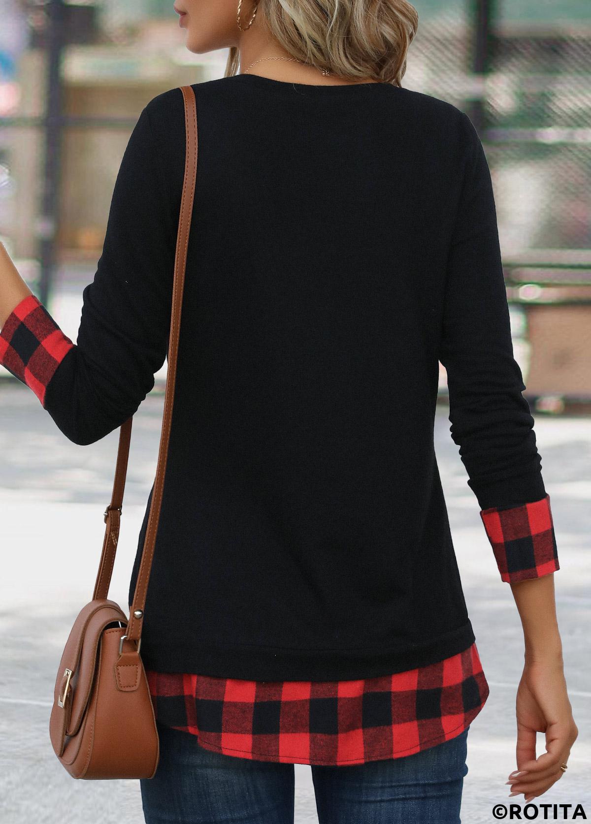 Red tops,Black tops,Plaid tops,Geometric tops,Striped tops,Christmas tops,ROTITA Patchwork Plaid Red Round Neck Long Sleeve T Shirt