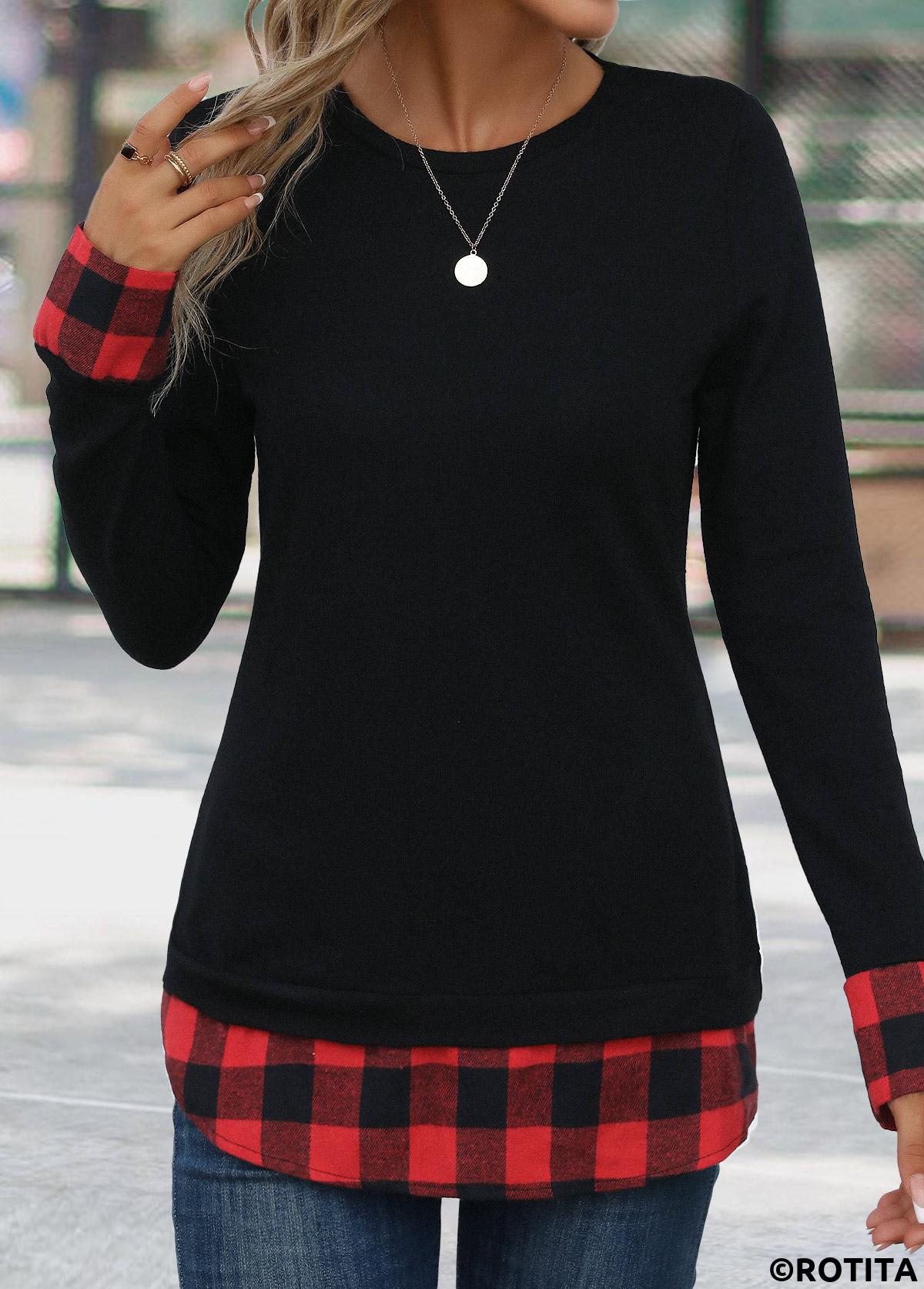 Red tops,Black tops,Plaid tops,Geometric tops,Striped tops,Christmas tops,ROTITA Patchwork Plaid Red Round Neck Long Sleeve T Shirt