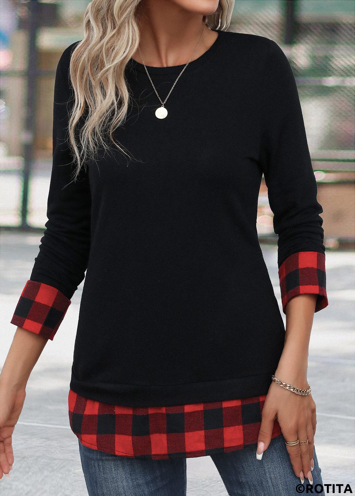Red tops,Black tops,Plaid tops,Geometric tops,Striped tops,Christmas tops,ROTITA Patchwork Plaid Red Round Neck Long Sleeve T Shirt