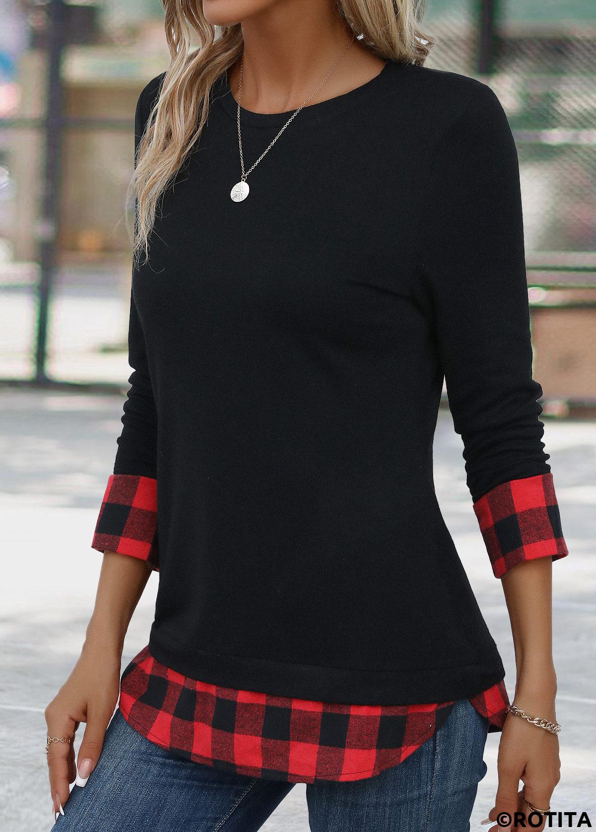 Red tops,Black tops,Plaid tops,Geometric tops,Striped tops,Christmas tops,ROTITA Patchwork Plaid Red Round Neck Long Sleeve T Shirt