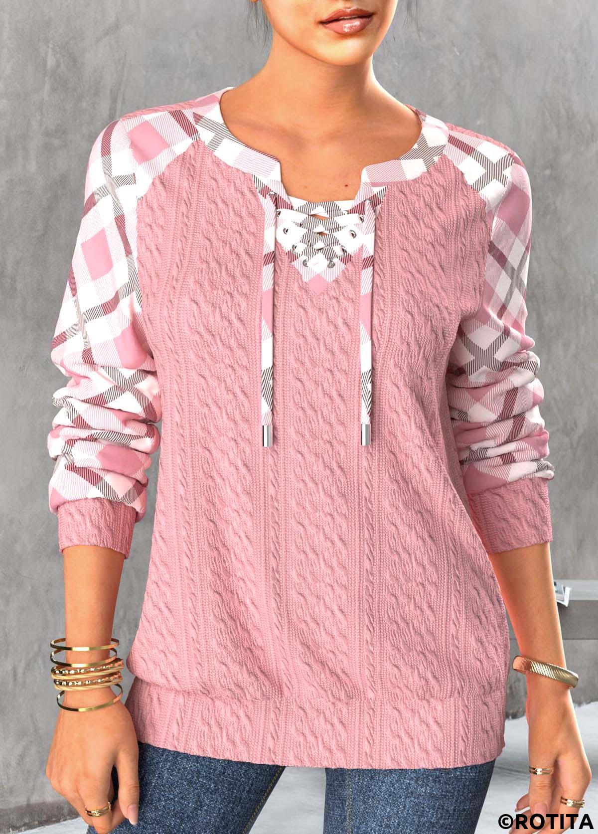 rotita sweat-shirt à manches longues rose clair à carreaux à lacets
