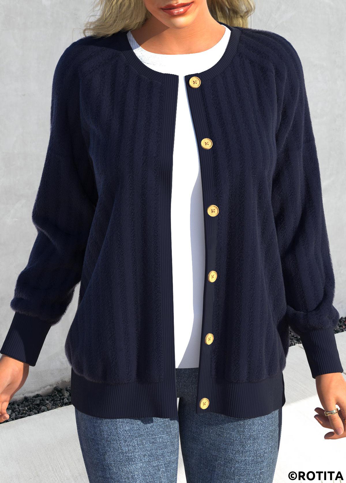 Blue tops,Plain Color tops,ROTITA Button Blue Round Neck Long Sleeve Coat