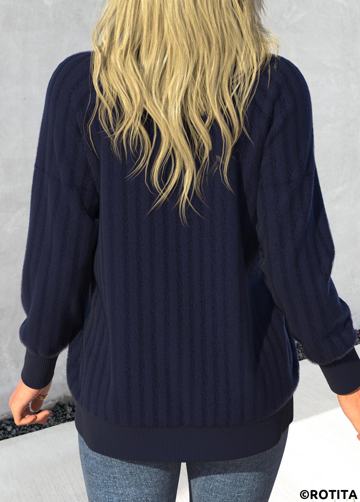 Blue tops,Plain Color tops,ROTITA Button Blue Round Neck Long Sleeve Coat