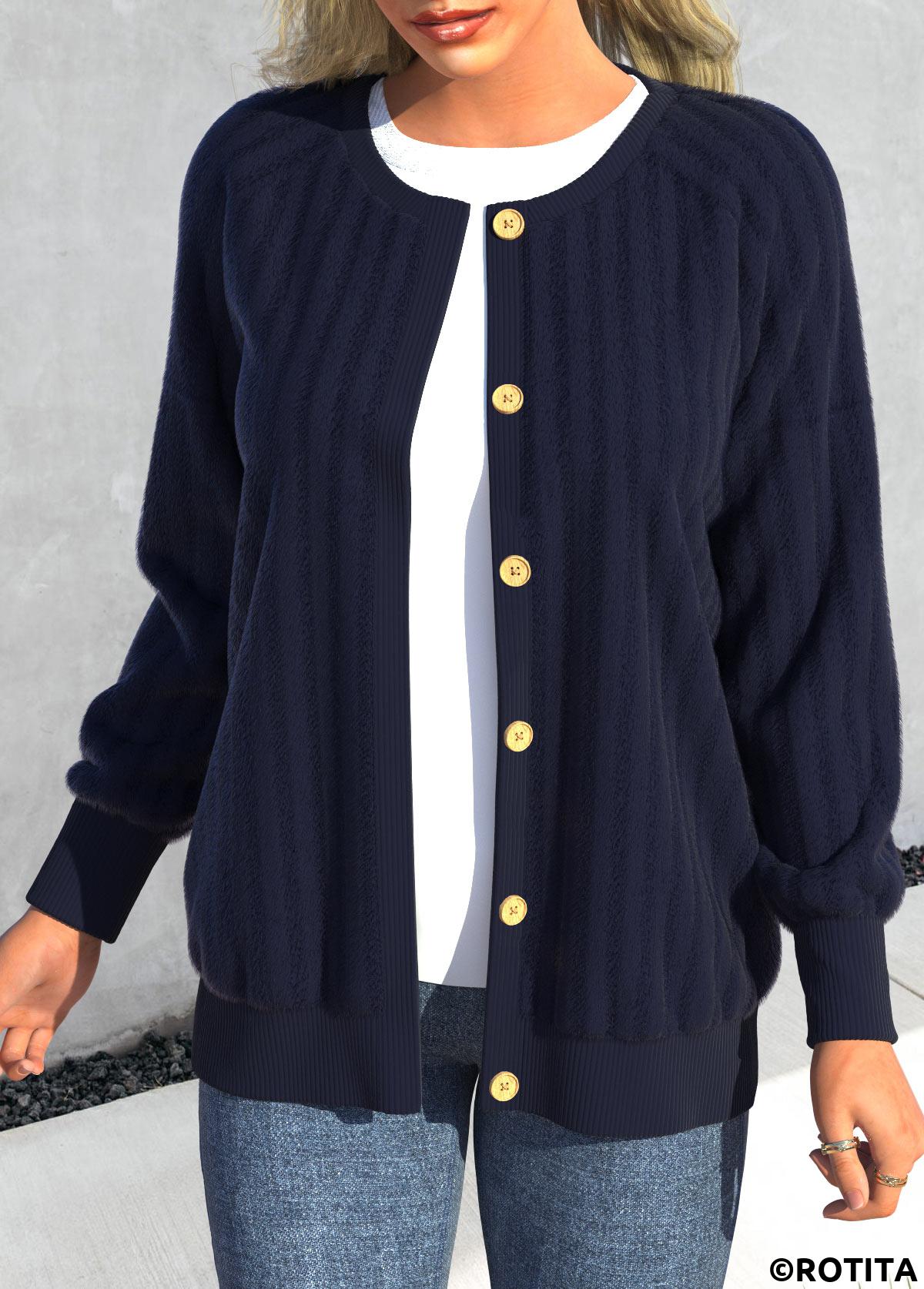 Blue tops,Plain Color tops,ROTITA Button Blue Round Neck Long Sleeve Coat