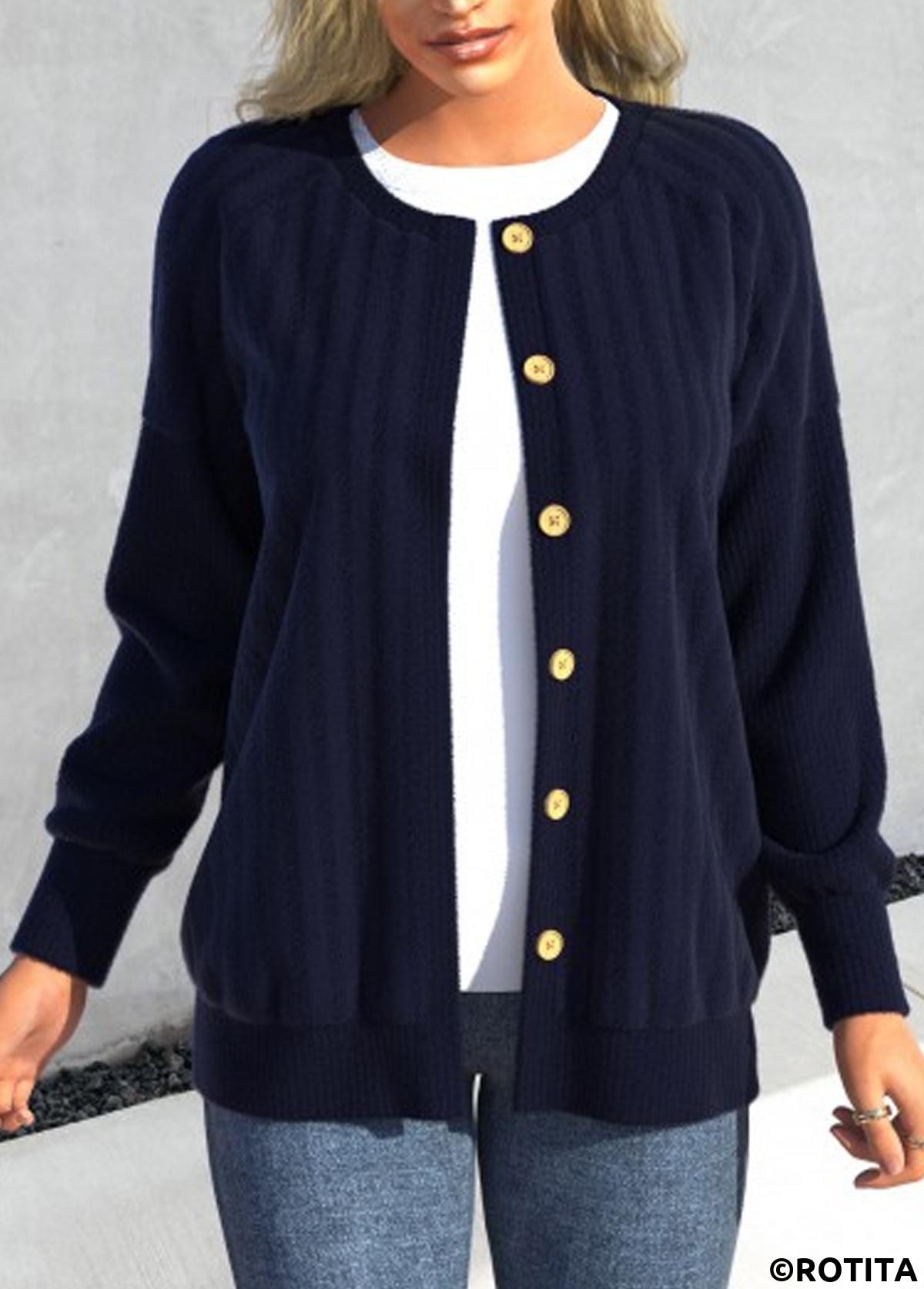 Blue tops,Plain Color tops,ROTITA Button Blue Round Neck Long Sleeve Coat