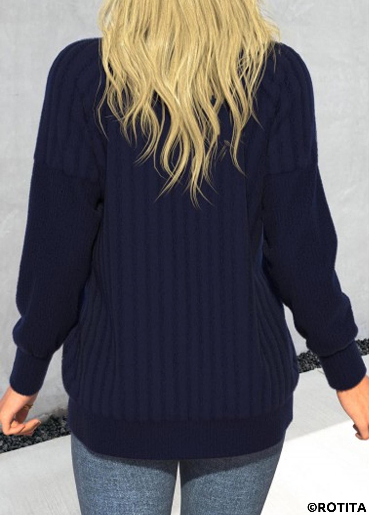 Blue tops,Plain Color tops,ROTITA Button Blue Round Neck Long Sleeve Coat
