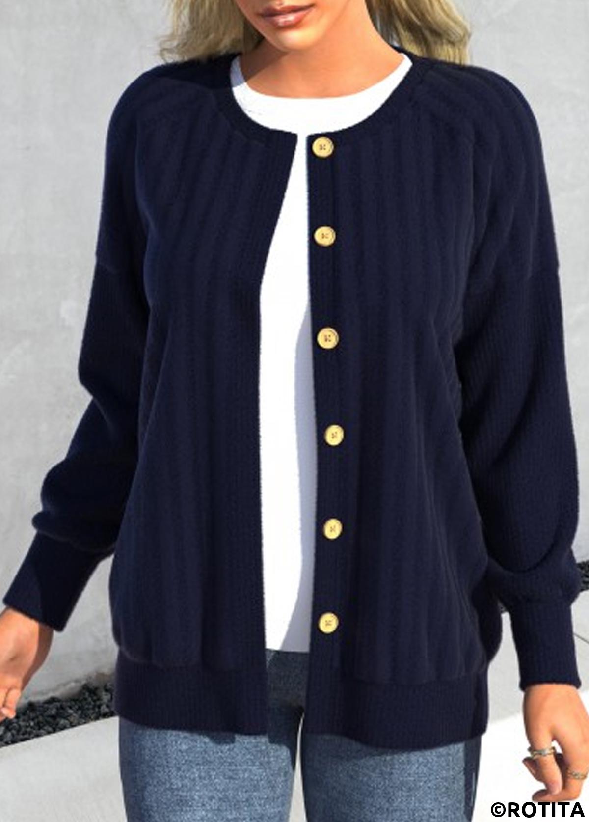 Blue tops,Plain Color tops,ROTITA Button Blue Round Neck Long Sleeve Coat