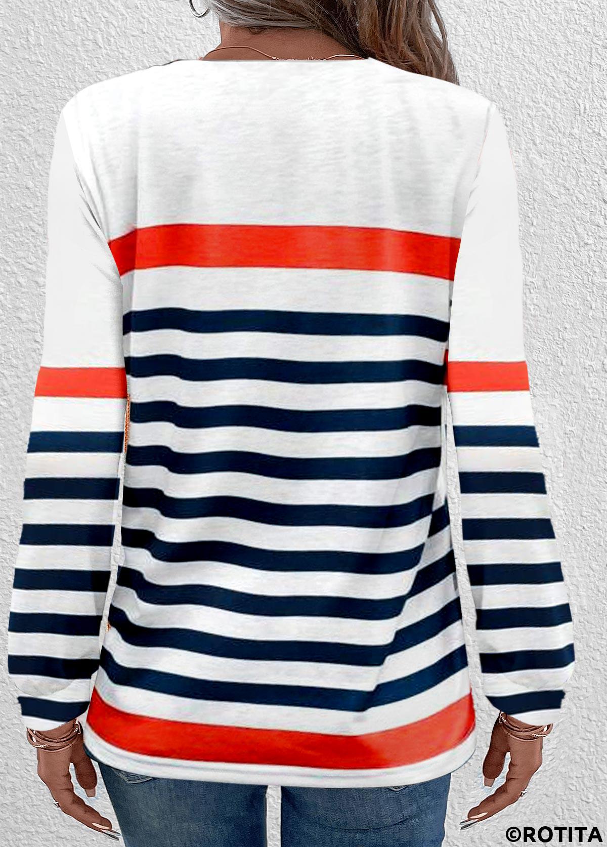 Navy tops,White tops,Striped tops,Geometric tops,ROTITA Button Multi Stripe Print Navy Round Neck T Shirt