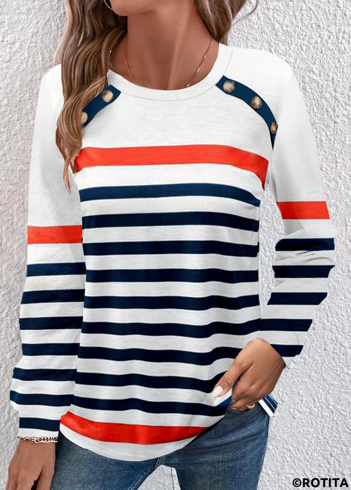 Navy tops,White tops,Striped tops,Geometric tops,ROTITA Button Multi Stripe Print Navy Round Neck T Shirt