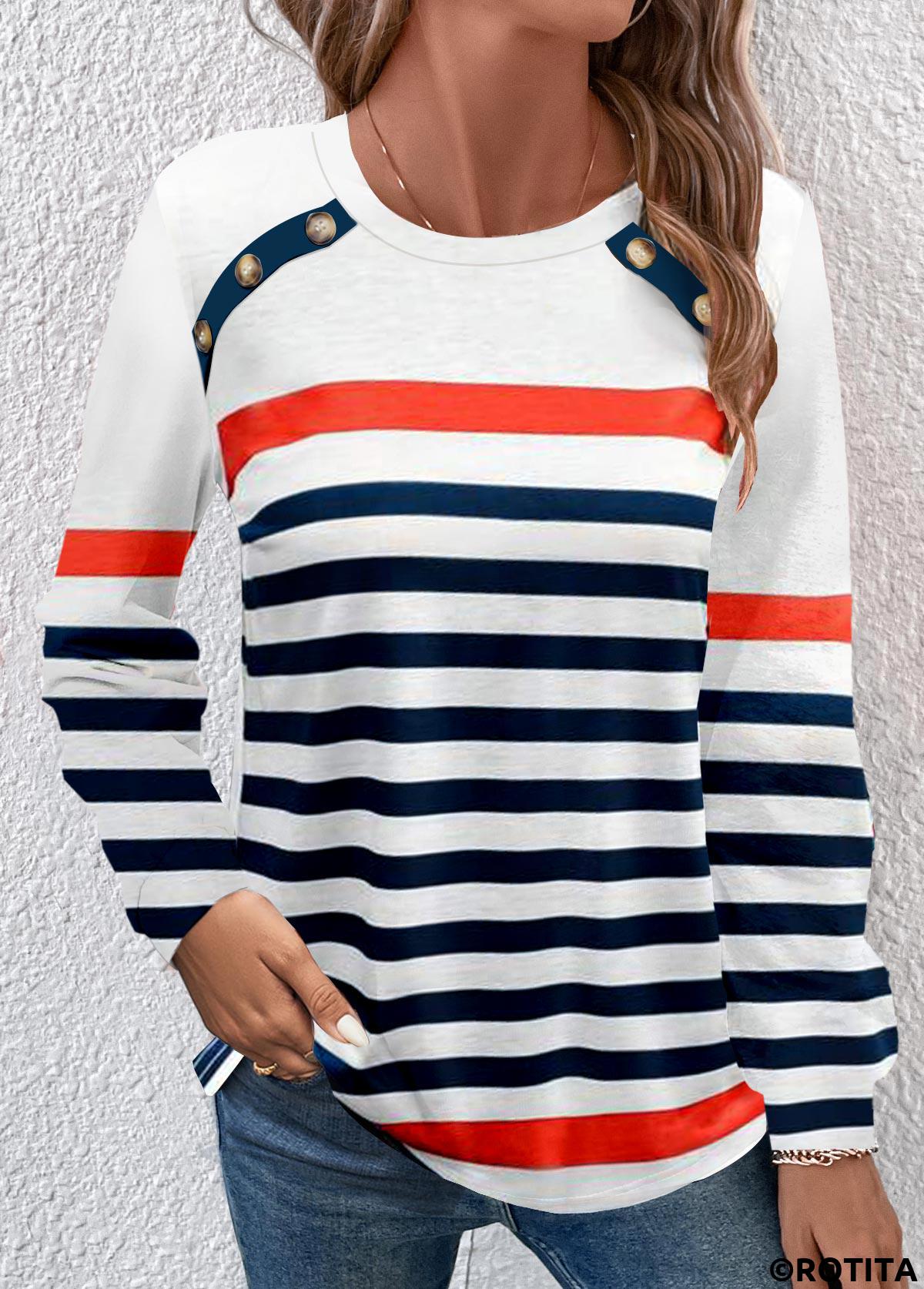 Navy tops,White tops,Striped tops,Geometric tops,ROTITA Button Multi Stripe Print Navy Round Neck T Shirt