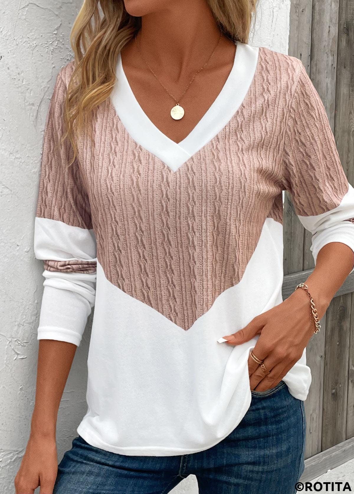 Patchwork Geometric Print Light Camel V Neck T Shirt