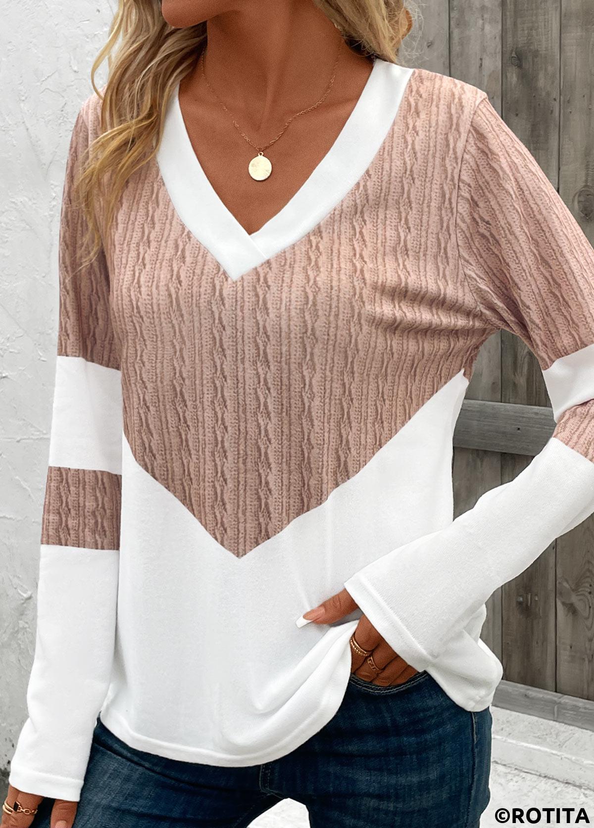 Patchwork Geometric Print Light Camel V Neck T Shirt