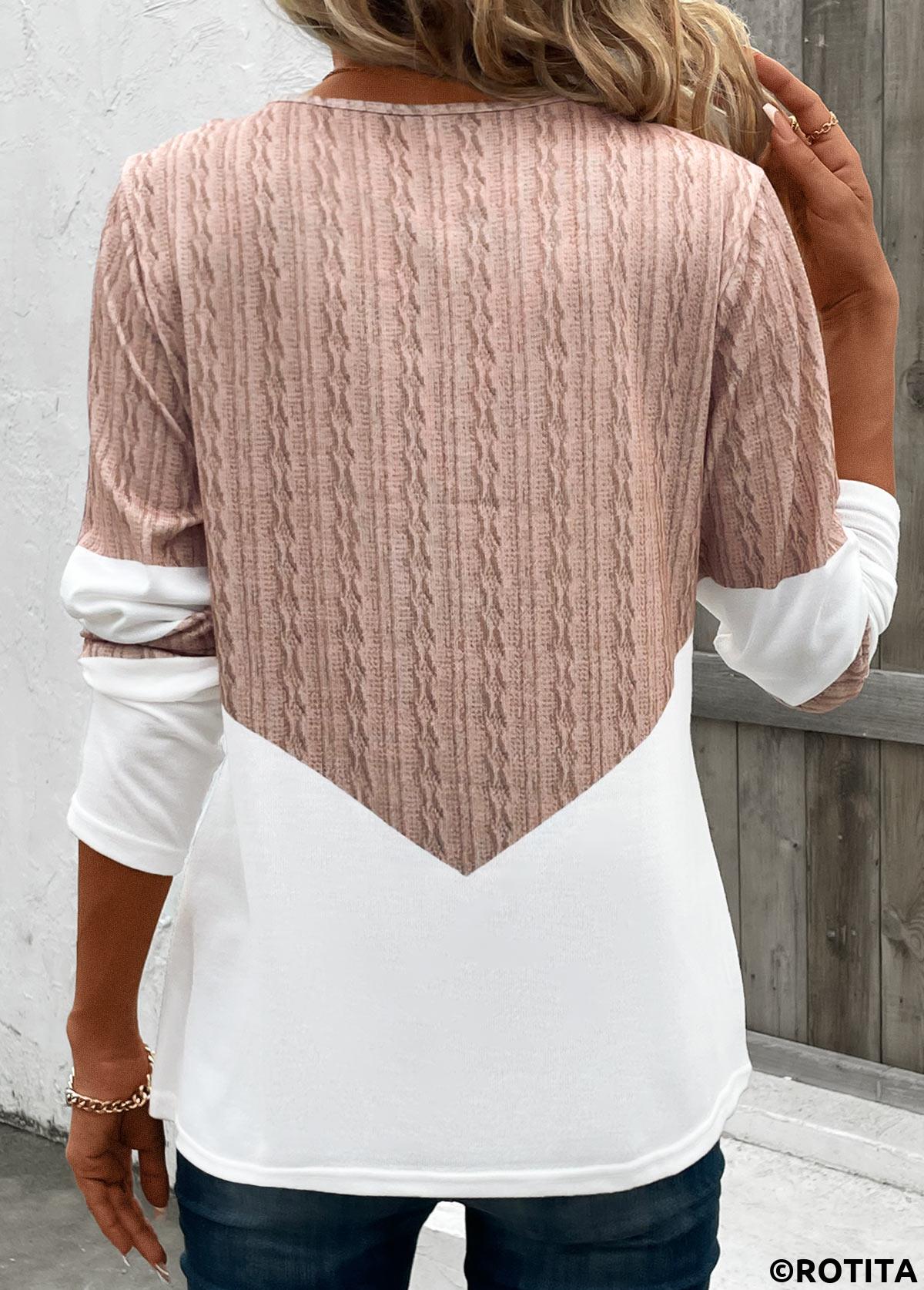 Patchwork Geometric Print Light Camel V Neck T Shirt