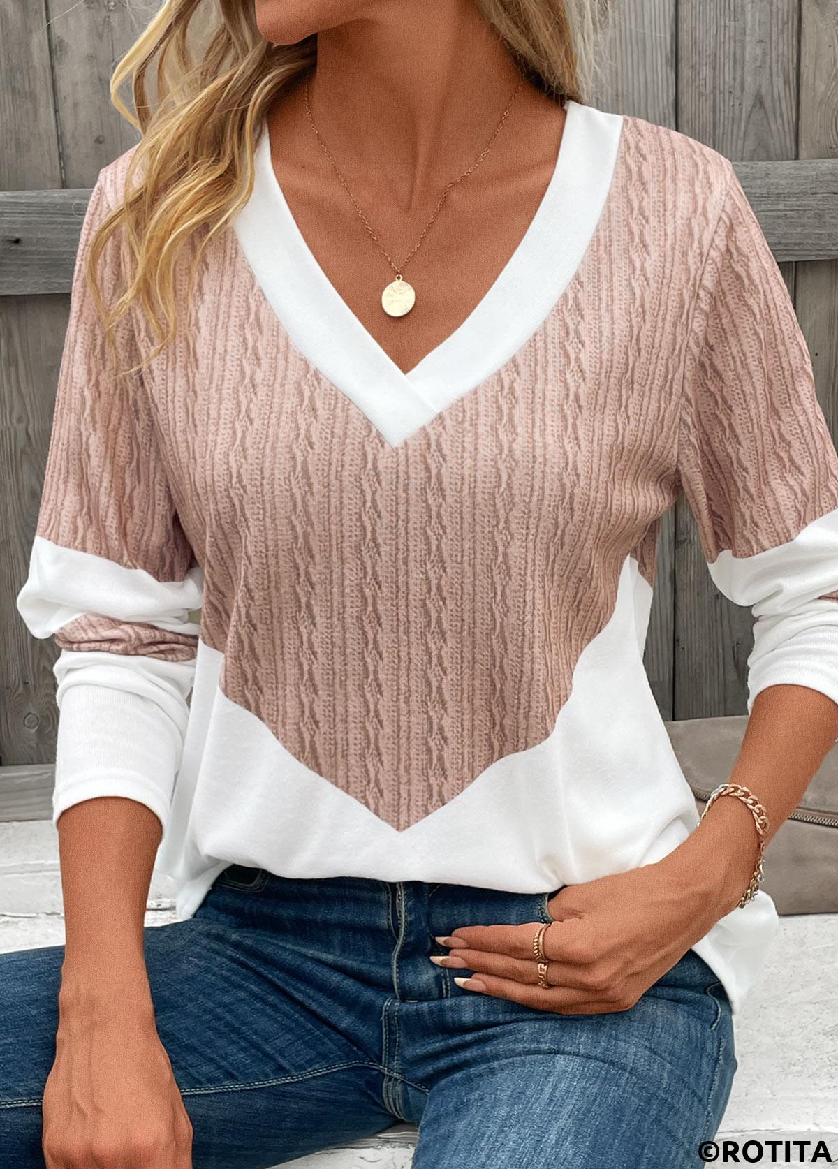 Patchwork Geometric Print Light Camel V Neck T Shirt