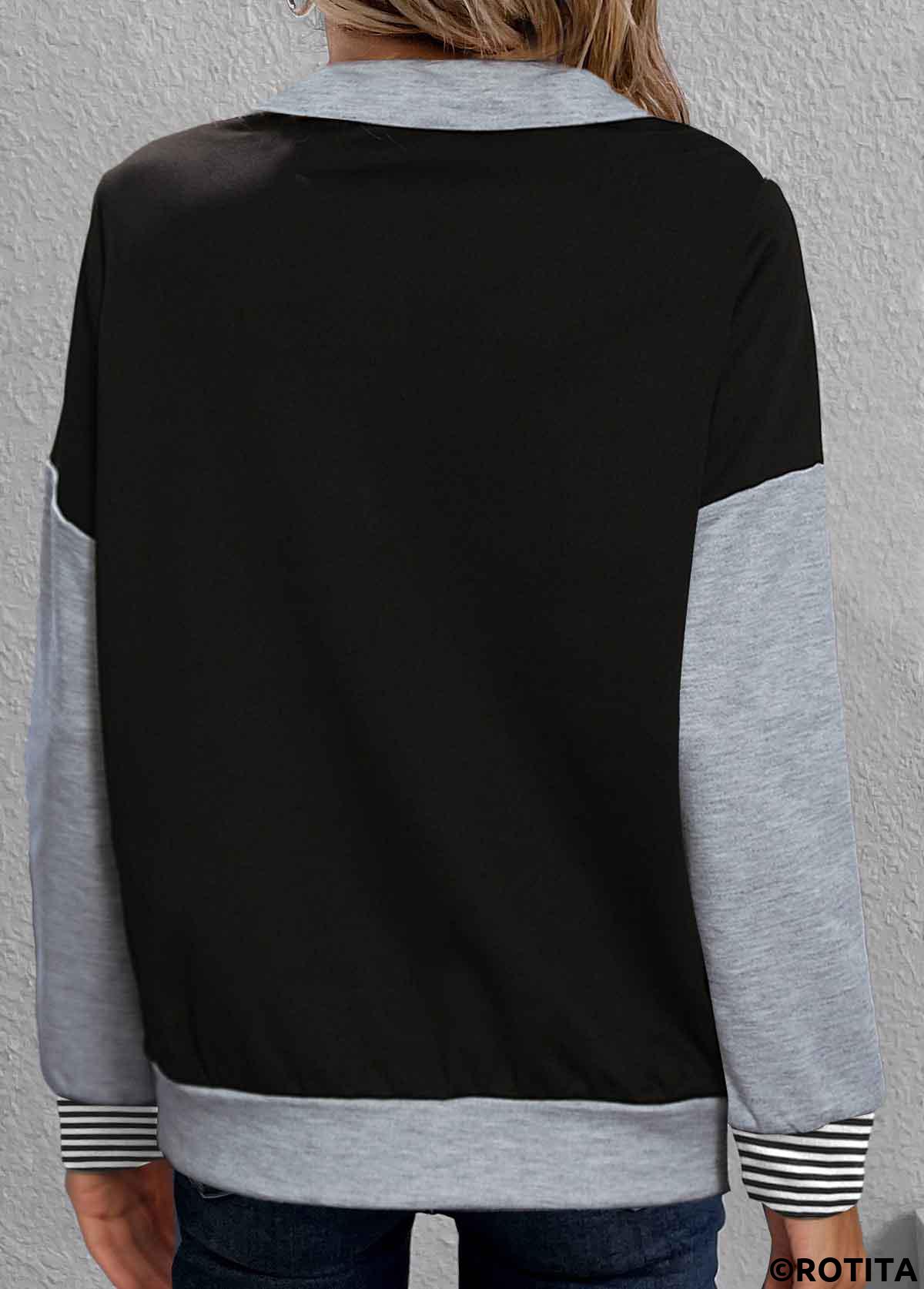 Black plus size,Grey plus size,Striped plus size,Geometric plus size,ROTITA Plus Size Snap Button Black Striped Turtleneck Sweatshirt