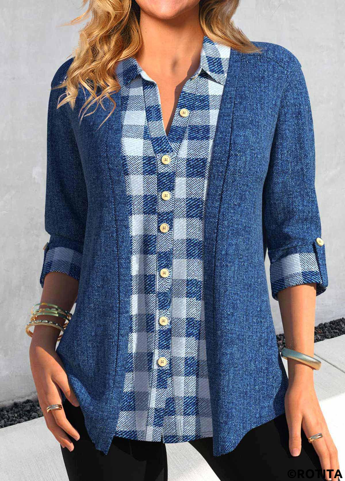 Denim Blue tops,Plaid tops,Striped tops,ROTITA Fake 2in1 Plaid Denim Blue Shirt Collar Blouse