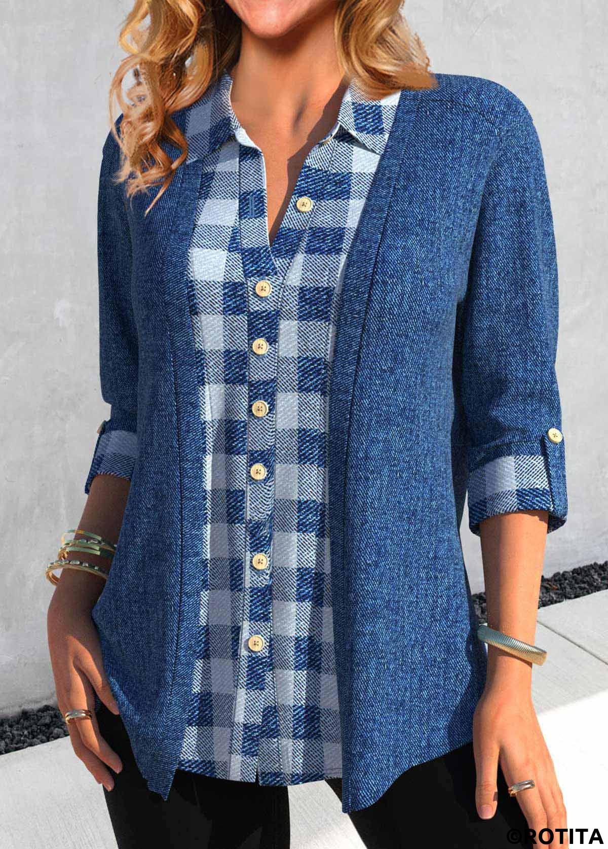 Denim Blue tops,Plaid tops,Striped tops,ROTITA Fake 2in1 Plaid Denim Blue Shirt Collar Blouse